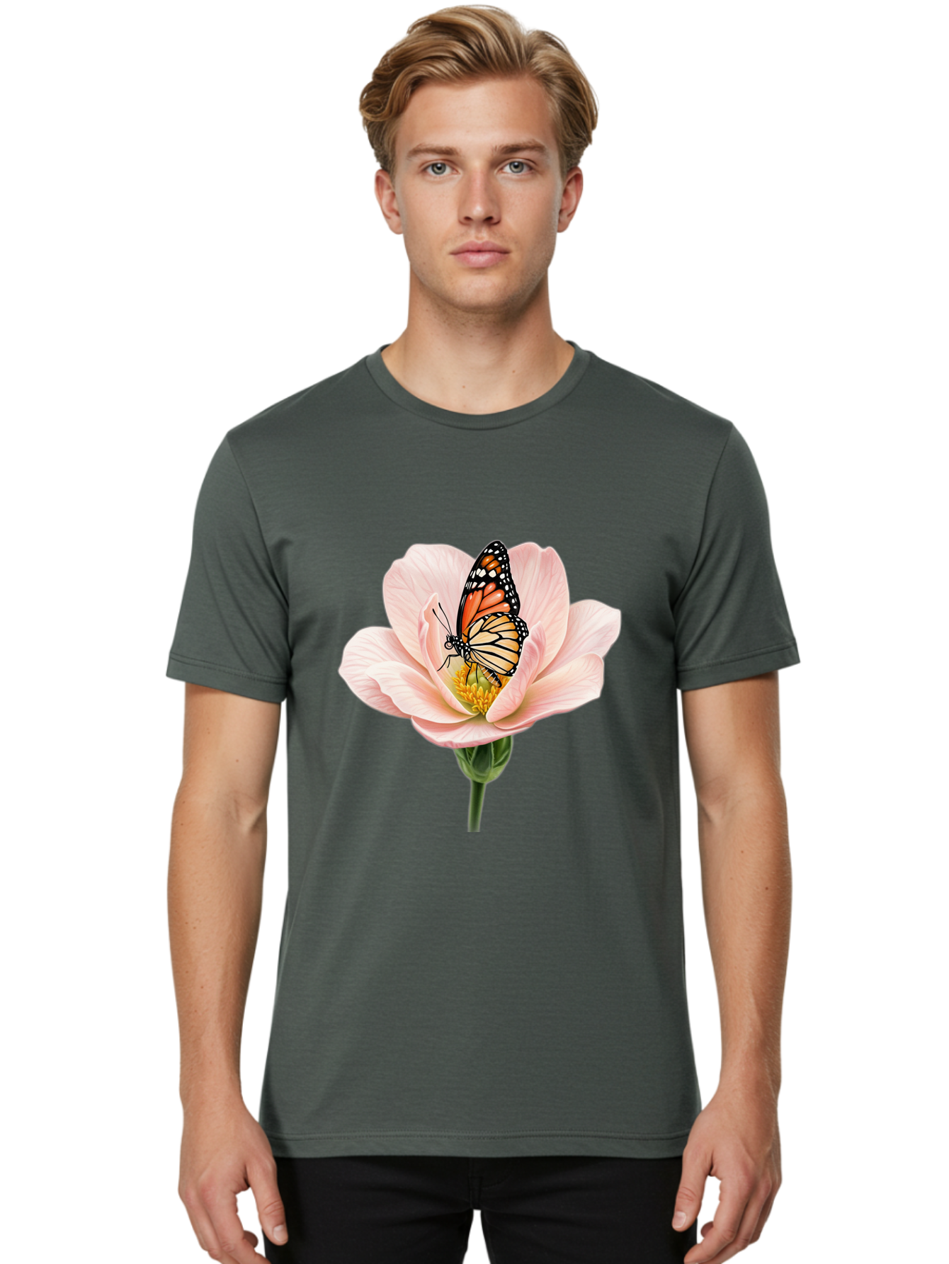 Monarch-On-Pink-Flower Men'S Graphic Tee, 100% Cotton, Comfortable Casual Summer Wear, Machine Washable, Vintage Camera, Old Camera, Antique Camera, Black Camera, Classic Photography, Photography Equipment, Nostalgic Device, Film Camera, Bak890 26
