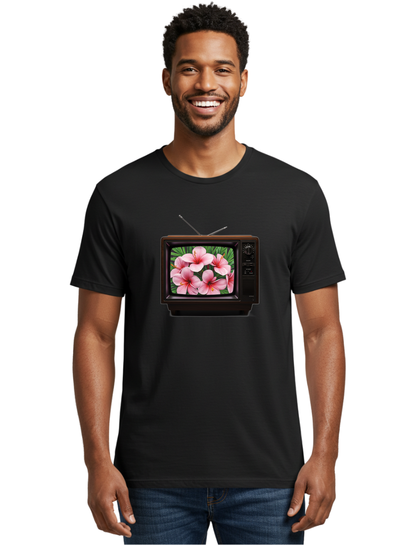 Old-Tv-With-Hibiscus-Flowers Men'S Graphic Tee, 100% Cotton, Comfortable Casual Summer Wear, Machine Washable, Vintage Camera, Old Camera, Antique Camera, Black Camera, Classic Photography, Photography Equipment, Nostalgic Device, Film Camera, Bak998 21