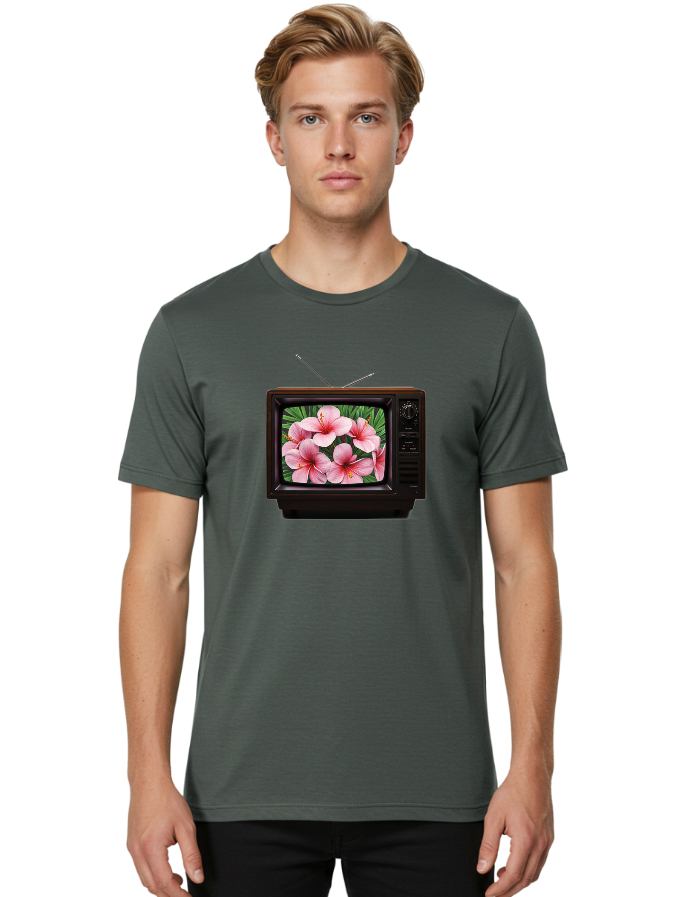 Old-Tv-With-Hibiscus-Flowers Men'S Graphic Tee, 100% Cotton, Comfortable Casual Summer Wear, Machine Washable, Vintage Camera, Old Camera, Antique Camera, Black Camera, Classic Photography, Photography Equipment, Nostalgic Device, Film Camera, Bak998 29