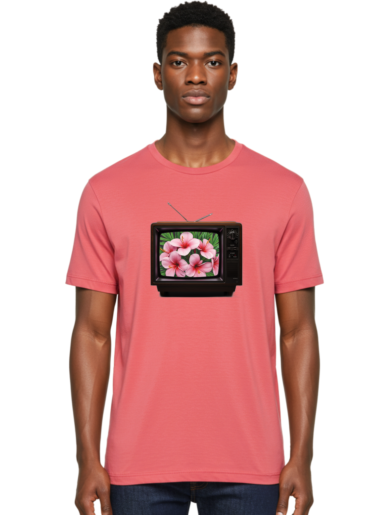Old-Tv-With-Hibiscus-Flowers Men'S Graphic Tee, 100% Cotton, Comfortable Casual Summer Wear, Machine Washable, Vintage Camera, Old Camera, Antique Camera, Black Camera, Classic Photography, Photography Equipment, Nostalgic Device, Film Camera, Bak998 23