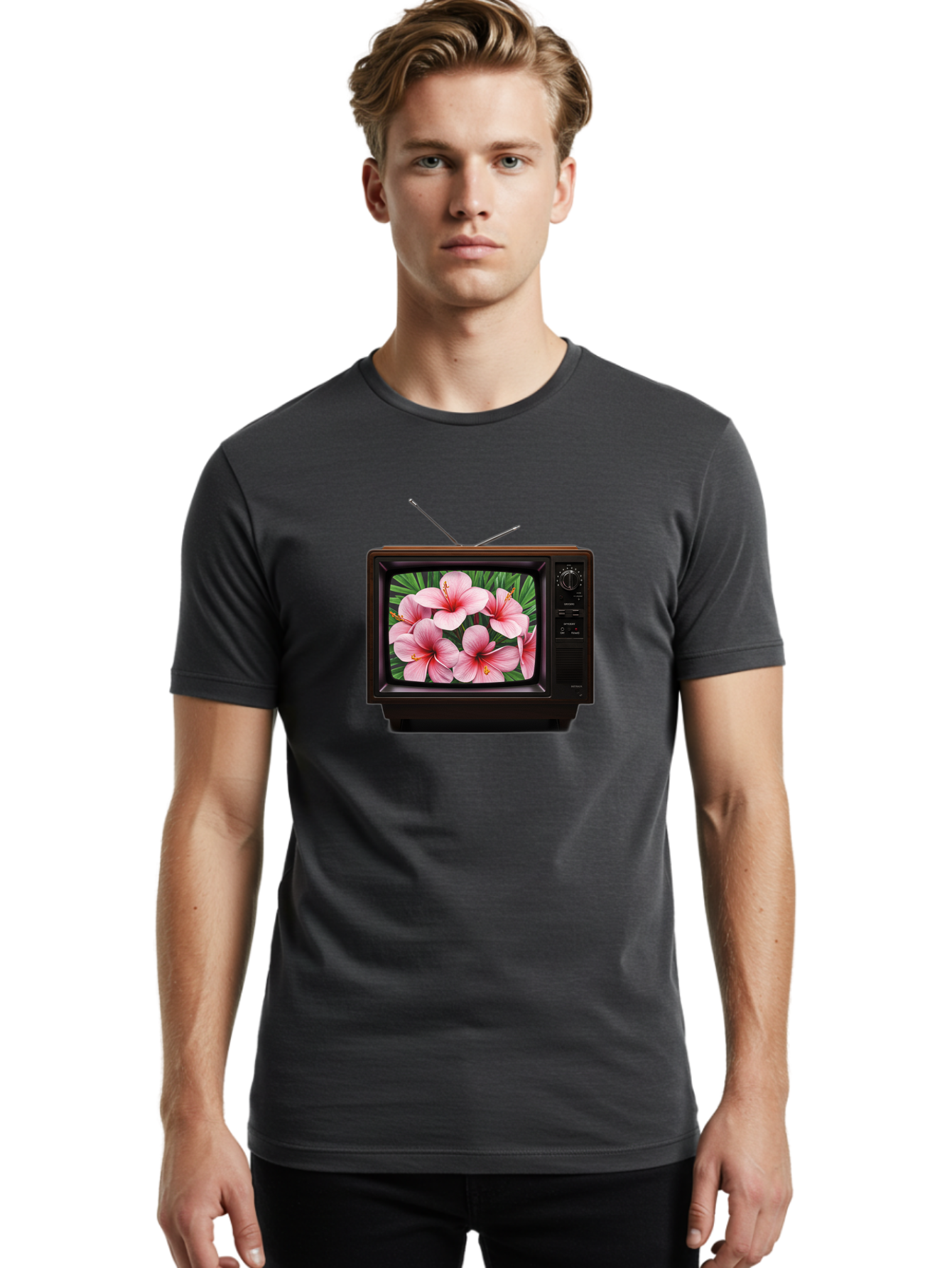 Old-Tv-With-Hibiscus-Flowers Men'S Graphic Tee, 100% Cotton, Comfortable Casual Summer Wear, Machine Washable, Vintage Camera, Old Camera, Antique Camera, Black Camera, Classic Photography, Photography Equipment, Nostalgic Device, Film Camera, Bak998 20