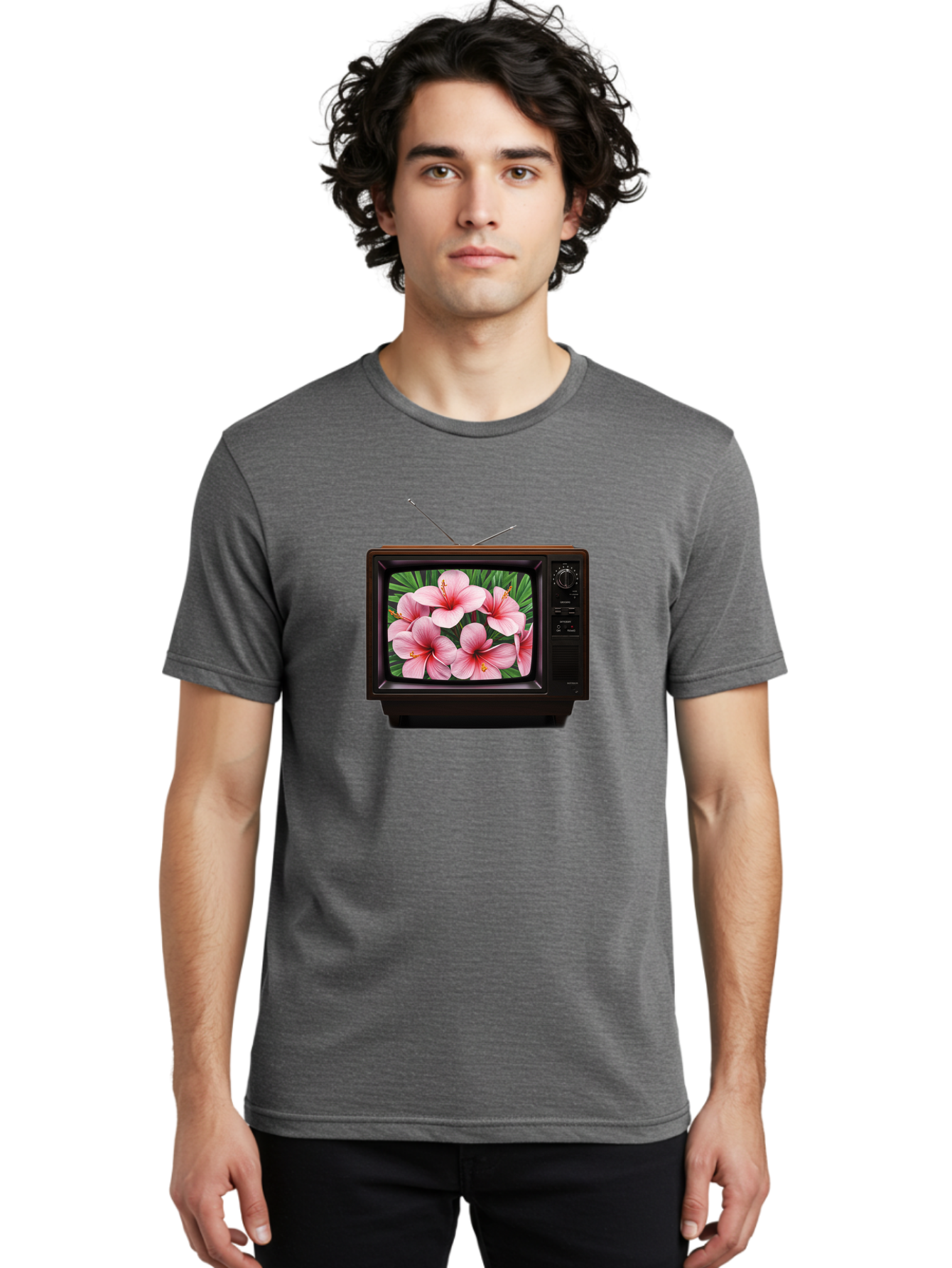 Old-Tv-With-Hibiscus-Flowers Men'S Graphic Tee, 100% Cotton, Comfortable Casual Summer Wear, Machine Washable, Vintage Camera, Old Camera, Antique Camera, Black Camera, Classic Photography, Photography Equipment, Nostalgic Device, Film Camera, Bak998 25