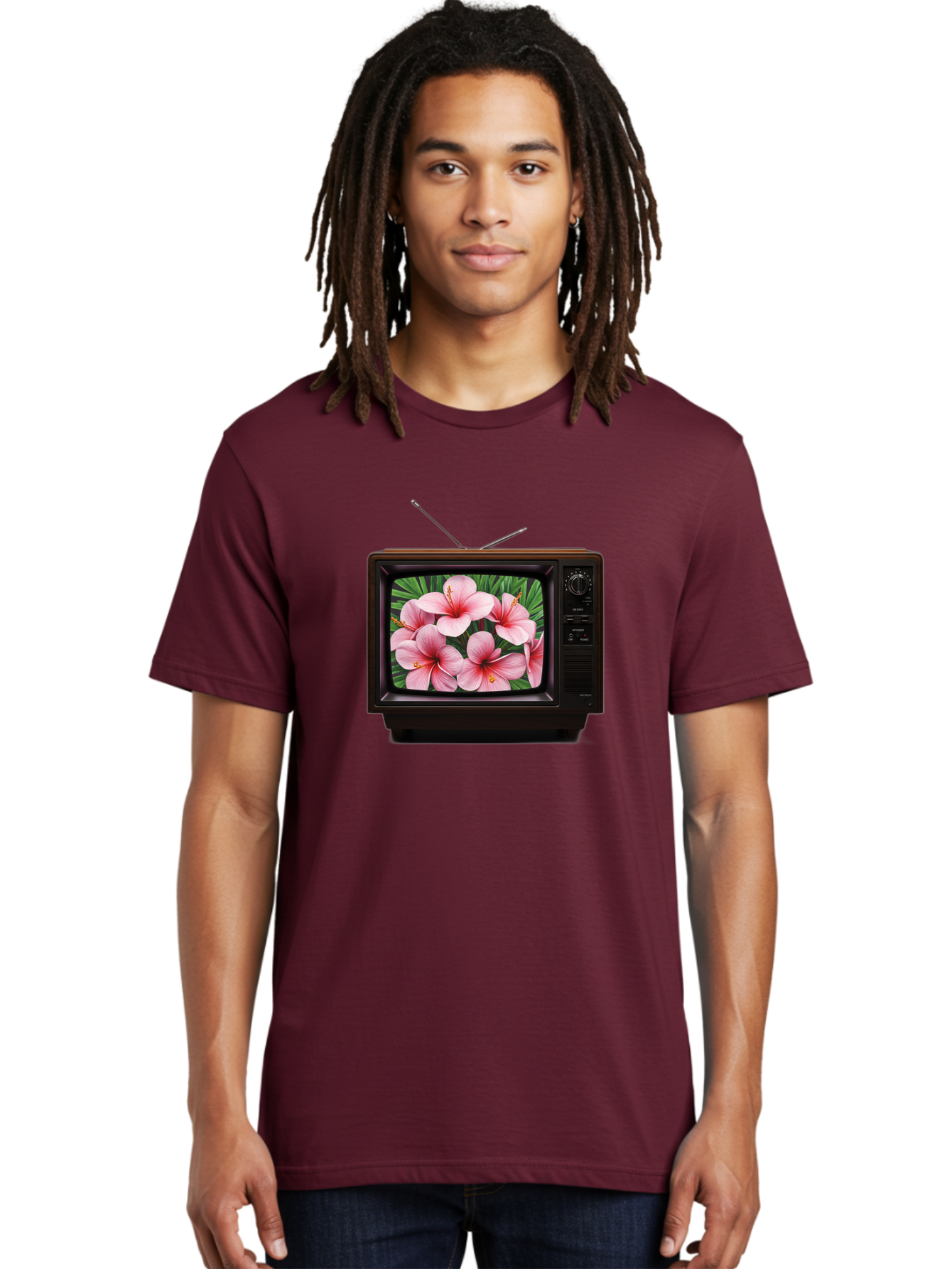Old-Tv-With-Hibiscus-Flowers Men'S Graphic Tee, 100% Cotton, Comfortable Casual Summer Wear, Machine Washable, Vintage Camera, Old Camera, Antique Camera, Black Camera, Classic Photography, Photography Equipment, Nostalgic Device, Film Camera, Bak998 27