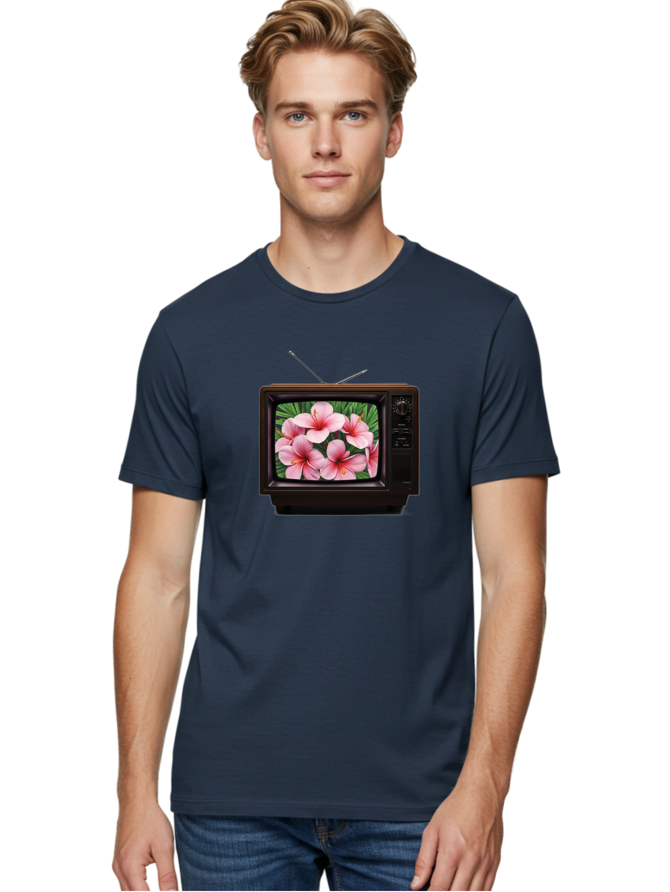 Old-Tv-With-Hibiscus-Flowers Men'S Graphic Tee, 100% Cotton, Comfortable Casual Summer Wear, Machine Washable, Vintage Camera, Old Camera, Antique Camera, Black Camera, Classic Photography, Photography Equipment, Nostalgic Device, Film Camera, Bak998 22