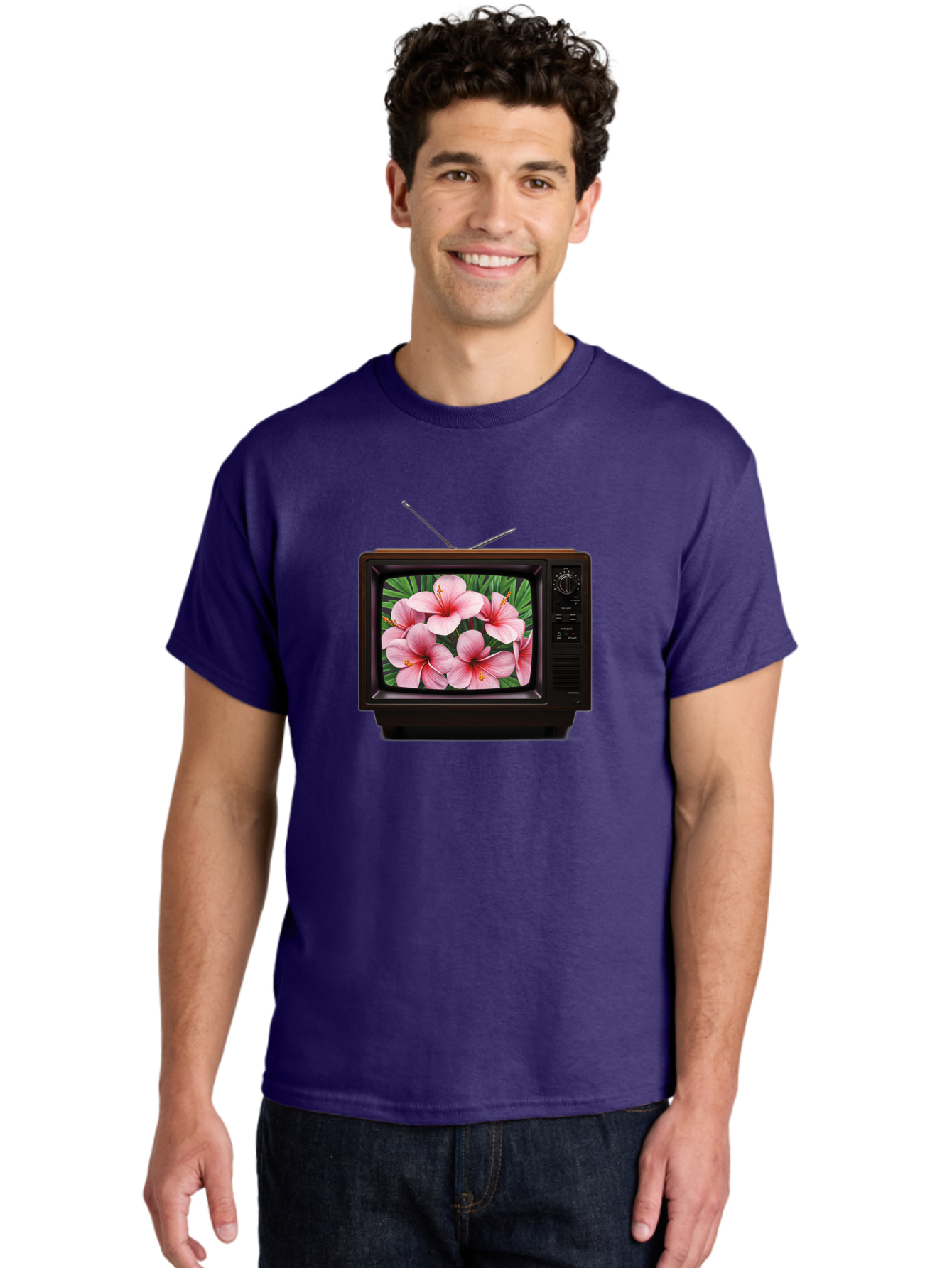 Old-Tv-With-Hibiscus-Flowers Men'S Graphic Tee, 100% Cotton, Comfortable Casual Summer Wear, Machine Washable, Vintage Camera, Old Camera, Antique Camera, Black Camera, Classic Photography, Photography Equipment, Nostalgic Device, Film Camera, Bak998 30