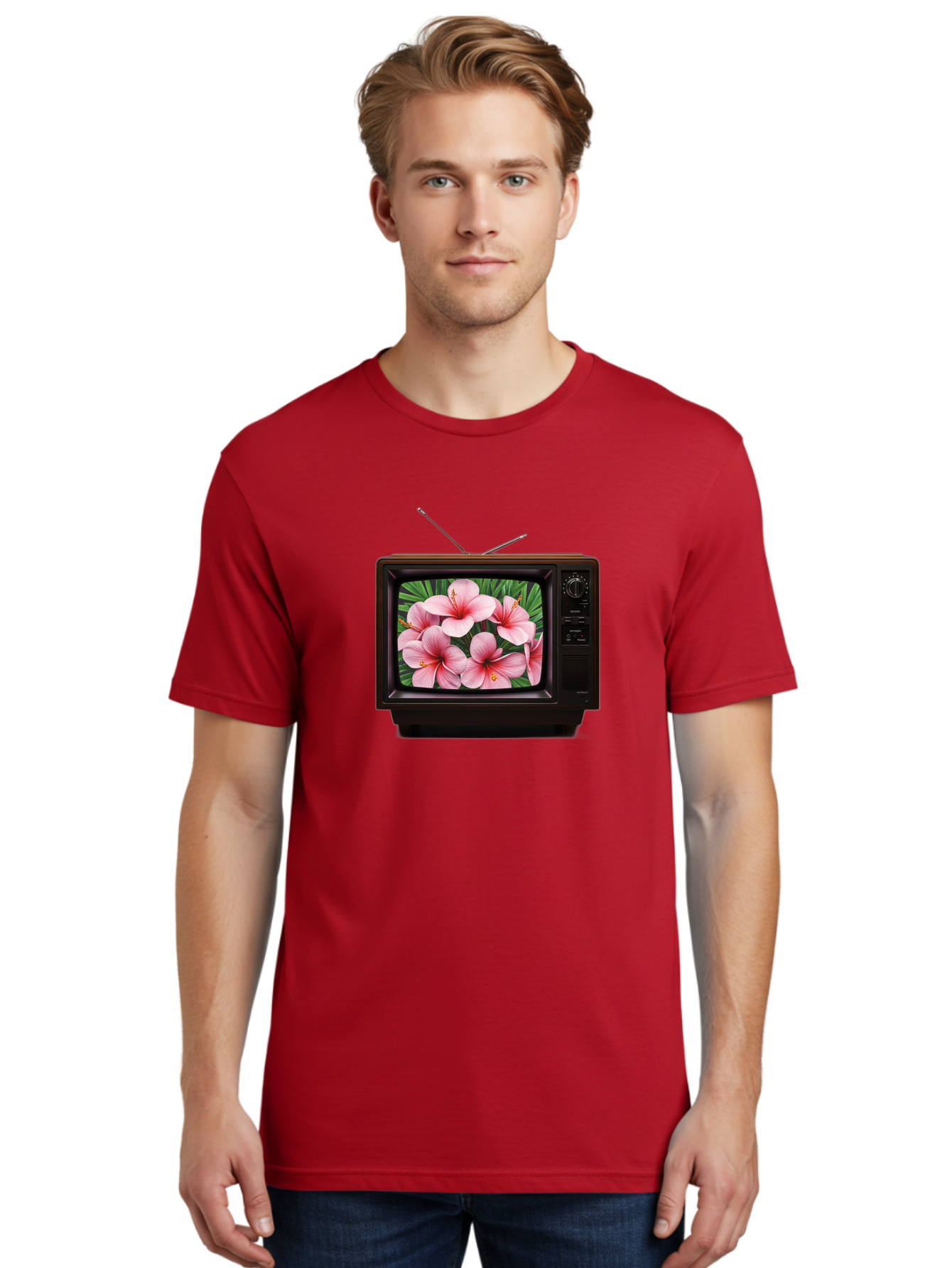 Old-Tv-With-Hibiscus-Flowers Men'S Graphic Tee, 100% Cotton, Comfortable Casual Summer Wear, Machine Washable, Vintage Camera, Old Camera, Antique Camera, Black Camera, Classic Photography, Photography Equipment, Nostalgic Device, Film Camera, Bak998 18