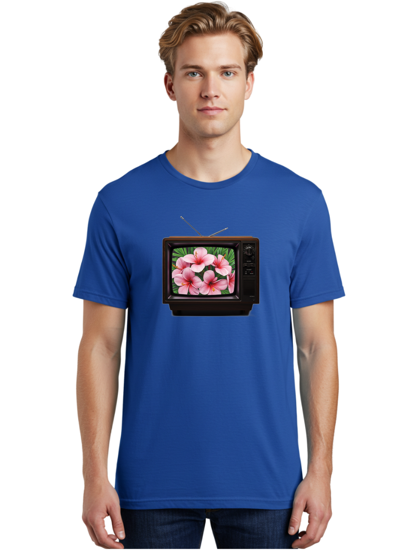 Old-Tv-With-Hibiscus-Flowers Men'S Graphic Tee, 100% Cotton, Comfortable Casual Summer Wear, Machine Washable, Vintage Camera, Old Camera, Antique Camera, Black Camera, Classic Photography, Photography Equipment, Nostalgic Device, Film Camera, Bak998 24