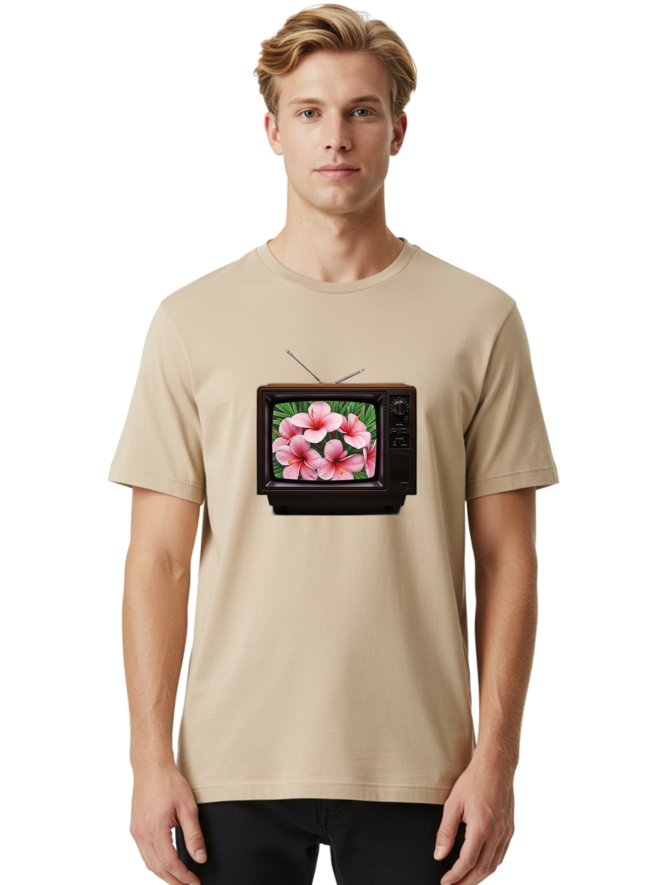 Old-Tv-With-Hibiscus-Flowers Men'S Graphic Tee, 100% Cotton, Comfortable Casual Summer Wear, Machine Washable, Vintage Camera, Old Camera, Antique Camera, Black Camera, Classic Photography, Photography Equipment, Nostalgic Device, Film Camera, Bak998 19