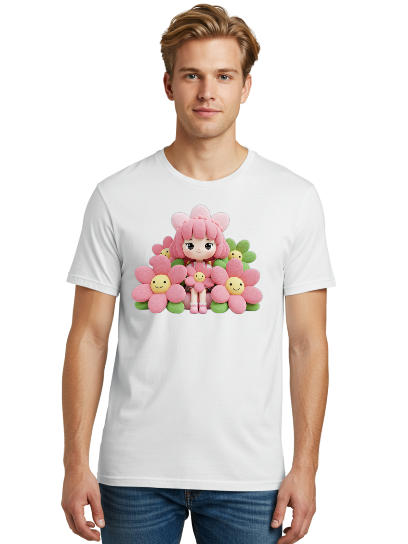 Pink-Haired-Doll-In-Flowers Men'S Graphic Tee, 100% Cotton, Comfortable Casual Summer Wear, Machine Washable, Vintage Camera, Old Camera, Antique Camera, Black Camera, Classic Photography, Photography Equipment, Nostalgic Device, Film Camera, Bal130 25