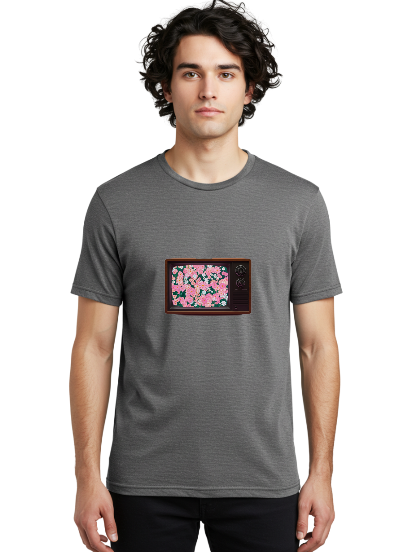 Retro-Tv-With-Flowers Men'S Graphic Tee, 100% Cotton, Comfortable Casual Summer Wear, Machine Washable, Vintage Camera, Old Camera, Antique Camera, Black Camera, Classic Photography, Photography Equipment, Nostalgic Device, Film Camera, Bal229 25