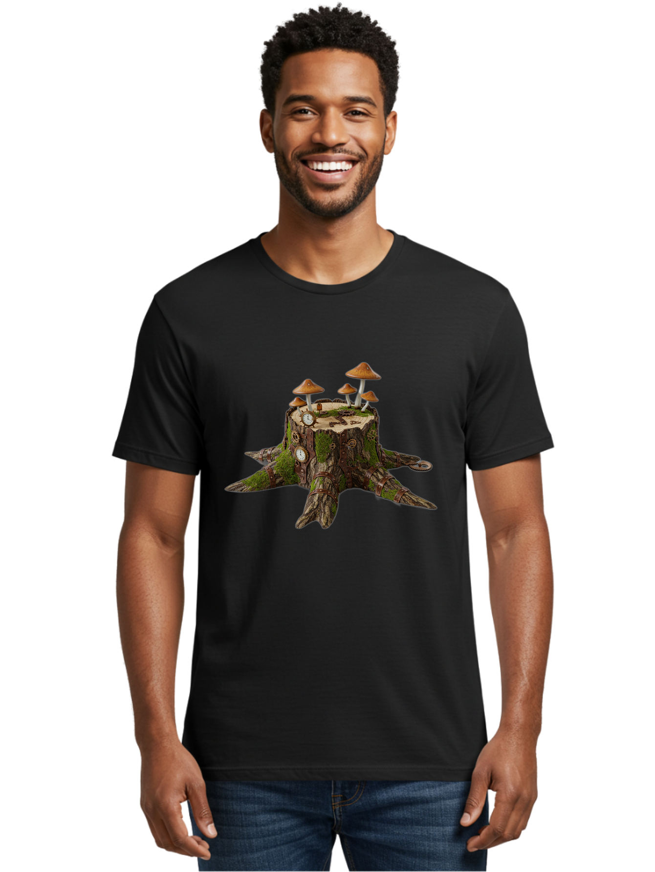 Tree-Stump-With-Mushrooms-2 Men'S Graphic Tee, 100% Cotton, Comfortable Casual Summer Wear, Machine Washable, Vintage Camera, Old Camera, Antique Camera, Black Camera, Classic Photography, Photography Equipment, Nostalgic Device, Film Camera, Bal505 24