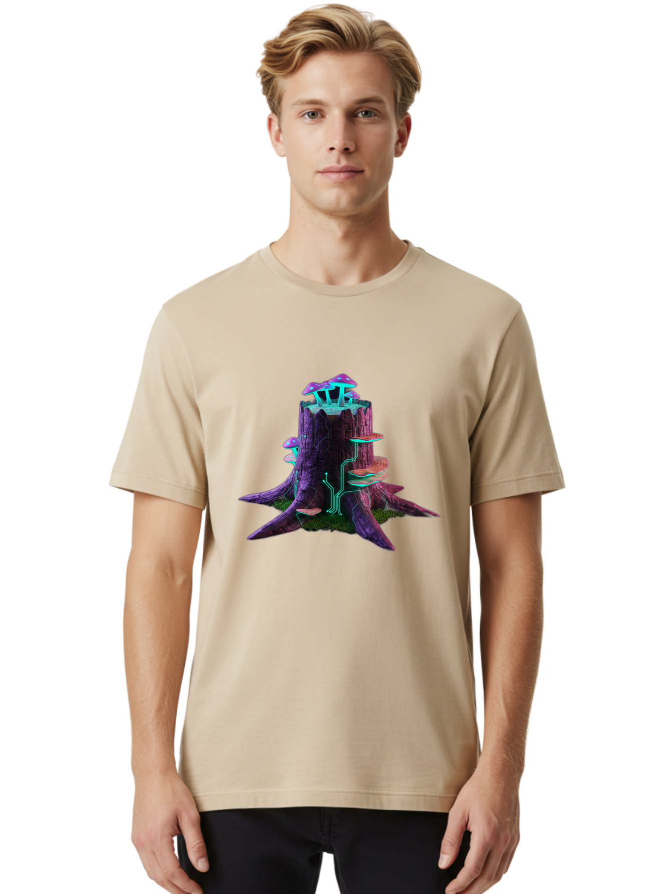 Tree-Stump-With-Mushrooms-And-Circuitry Men'S Graphic Tee, 100% Cotton, Comfortable Casual Summer Wear, Machine Washable, Vintage Camera, Old Camera, Antique Camera, Black Camera, Classic Photography, Photography Equipment, Nostalgic Device, Bal508 23