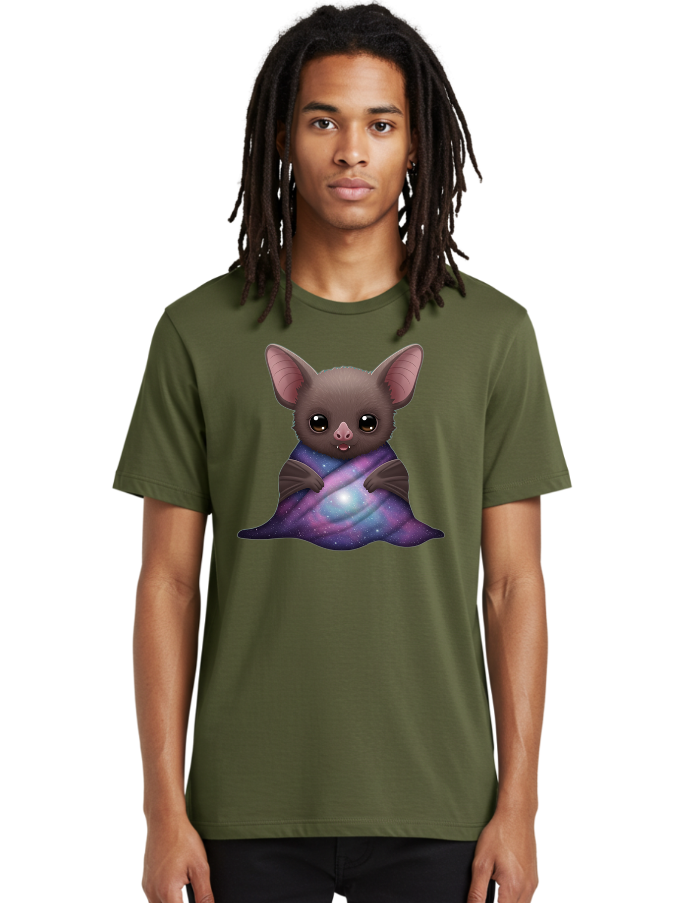 Bat-Wrapped-In-Galaxy-Blanket Men'S Graphic Tee, 100% Cotton, Comfortable Casual Summer Wear, Machine Washable, Vintage Camera, Old Camera, Antique Camera, Black Camera, Classic Photography, Photography Equipment, Nostalgic Device, Bal770 17