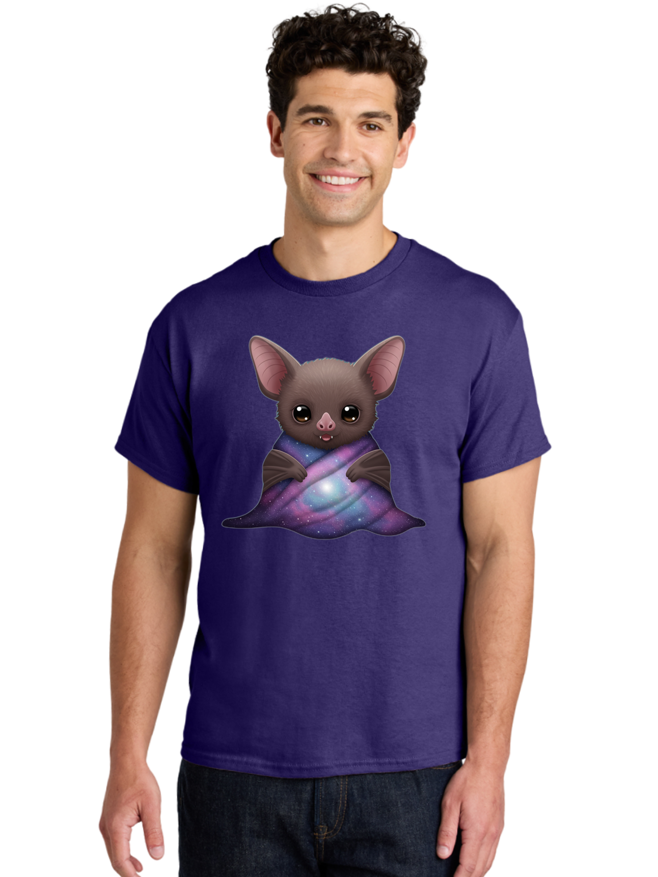 Bat-Wrapped-In-Galaxy-Blanket Men'S Graphic Tee, 100% Cotton, Comfortable Casual Summer Wear, Machine Washable, Vintage Camera, Old Camera, Antique Camera, Black Camera, Classic Photography, Photography Equipment, Nostalgic Device, Bal770 18