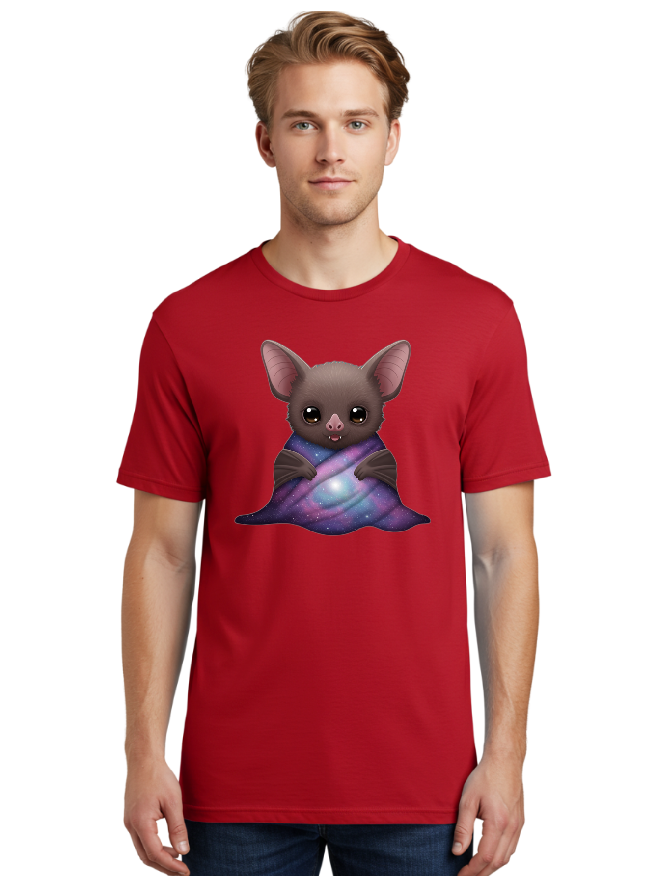 Bat-Wrapped-In-Galaxy-Blanket Men'S Graphic Tee, 100% Cotton, Comfortable Casual Summer Wear, Machine Washable, Vintage Camera, Old Camera, Antique Camera, Black Camera, Classic Photography, Photography Equipment, Nostalgic Device, Bal770 24