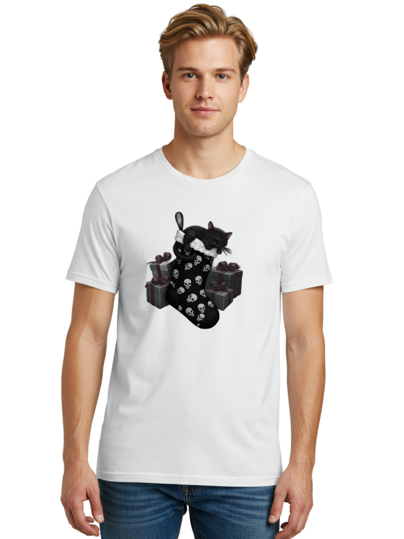 Black-Cat-In-Christmas-Stocking Men'S Graphic Tee, 100% Cotton, Comfortable Casual Summer Wear, Machine Washable, Vintage Camera, Old Camera, Antique Camera, Black Camera, Classic Photography, Photography Equipment, Nostalgic Device, Bal803 16