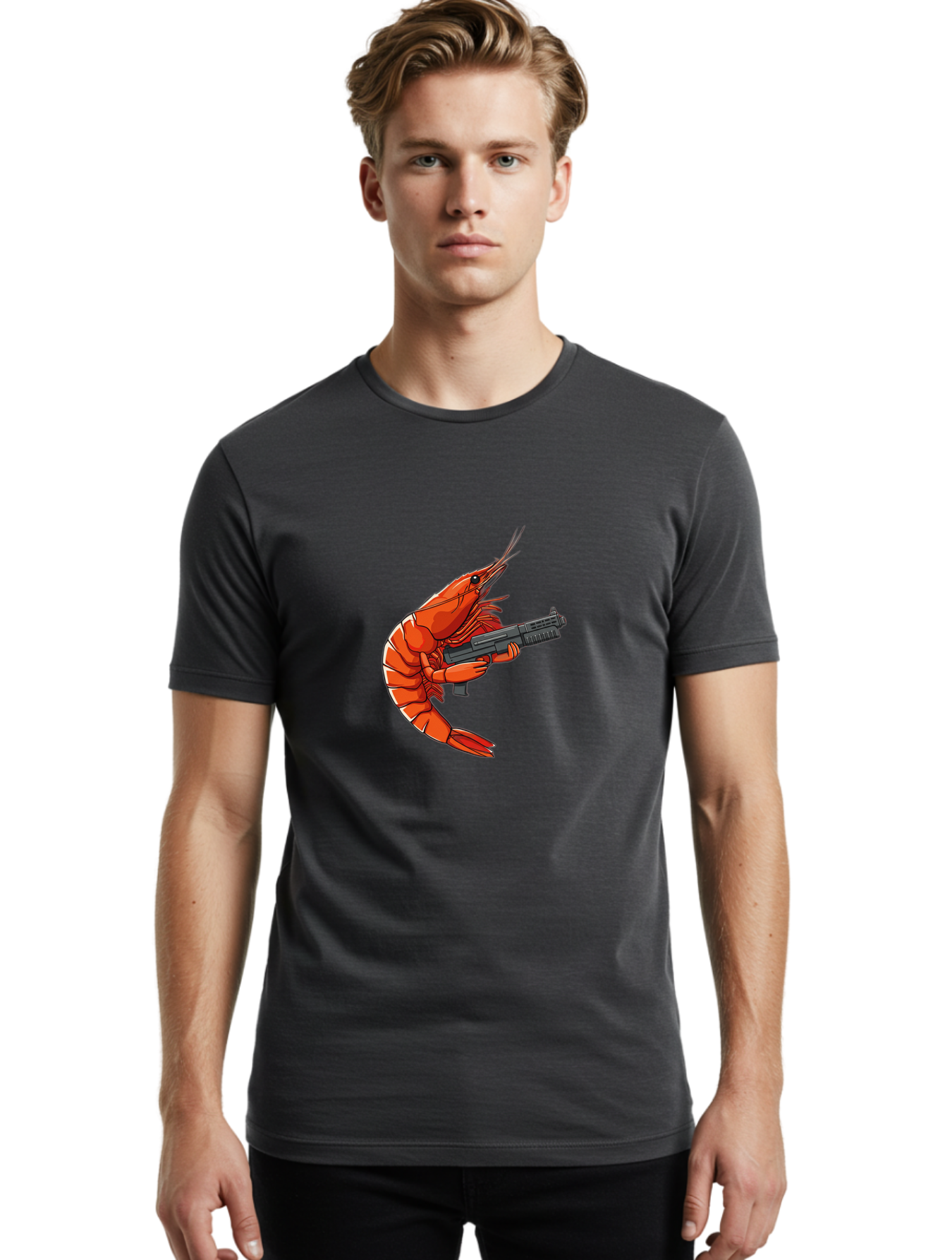 Shrimp-With-Gun-1 Men'S Graphic Tee, 100% Cotton, Comfortable Casual Summer Wear, Machine Washable, Vintage Camera, Old Camera, Antique Camera, Black Camera, Classic Photography, Photography Equipment, Nostalgic Device, Film Camera, Camera Art Ban460 25