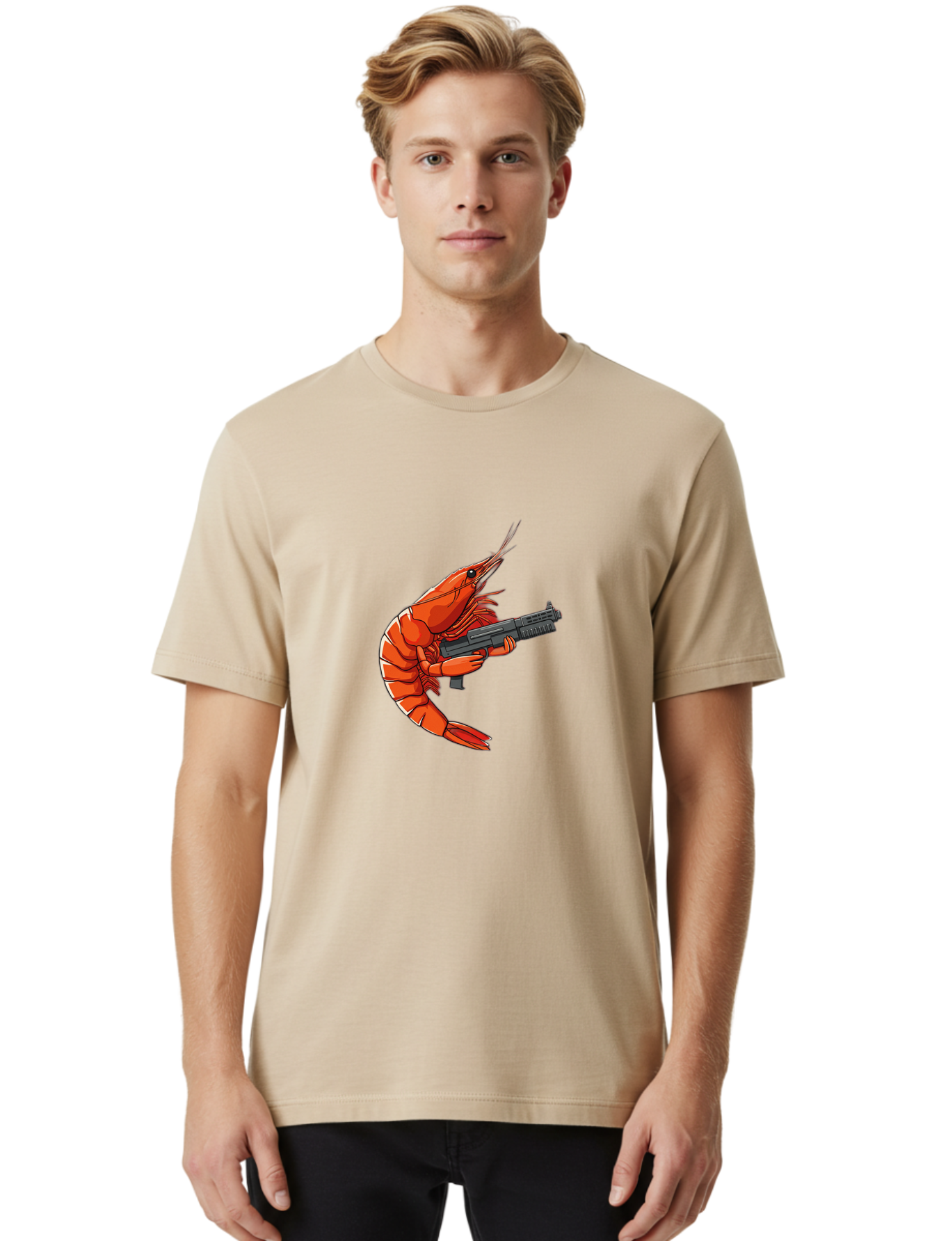 Shrimp-With-Gun-1 Men'S Graphic Tee, 100% Cotton, Comfortable Casual Summer Wear, Machine Washable, Vintage Camera, Old Camera, Antique Camera, Black Camera, Classic Photography, Photography Equipment, Nostalgic Device, Film Camera, Camera Art Ban460 30