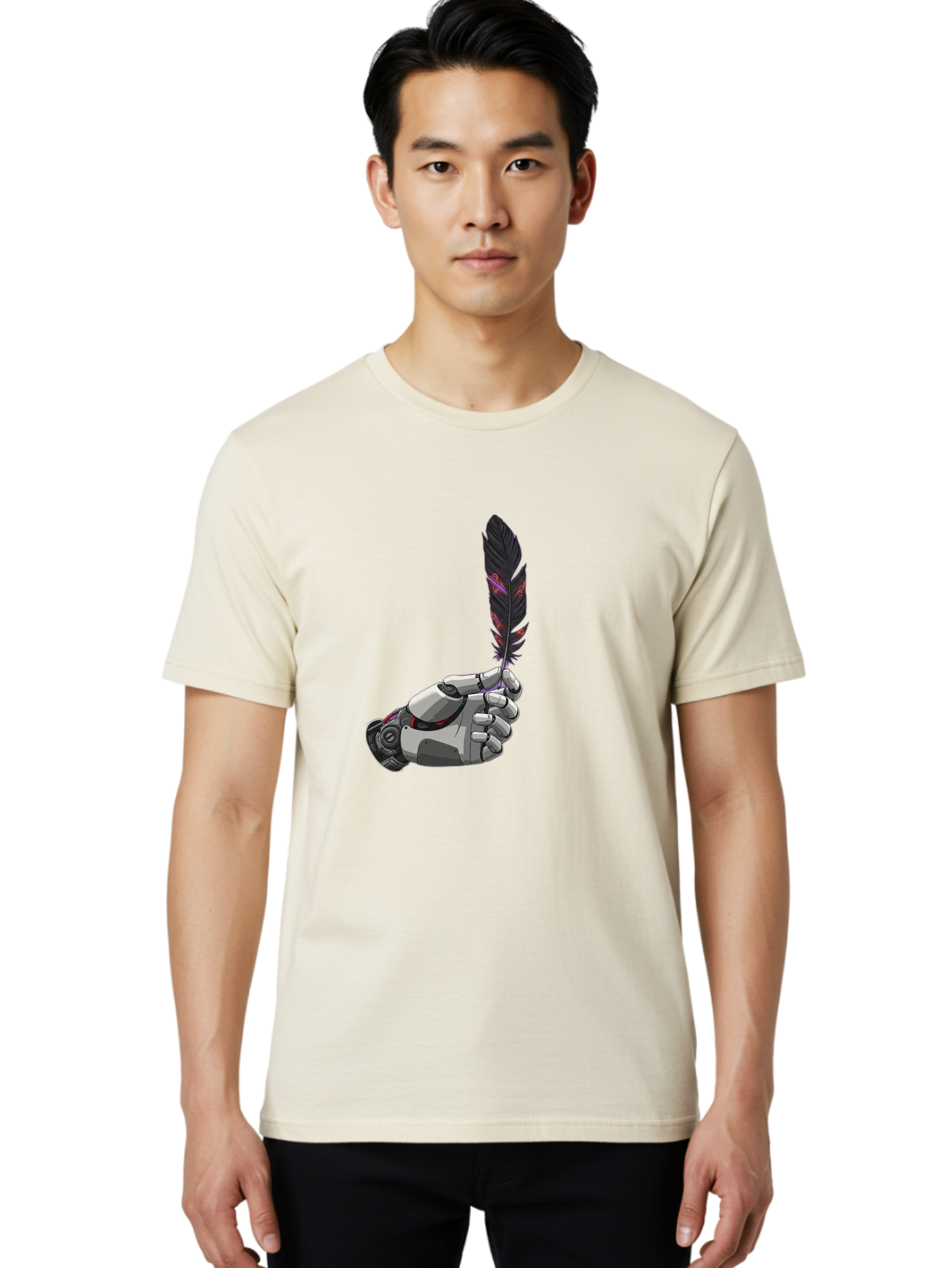 Robot-Hand-Holding-Feather Men'S Graphic Tee, 100% Cotton, Comfortable Casual Summer Wear, Machine Washable, Vintage Camera, Old Camera, Antique Camera, Black Camera, Classic Photography, Photography Equipment, Nostalgic Device, Film Camera, Bao803 25