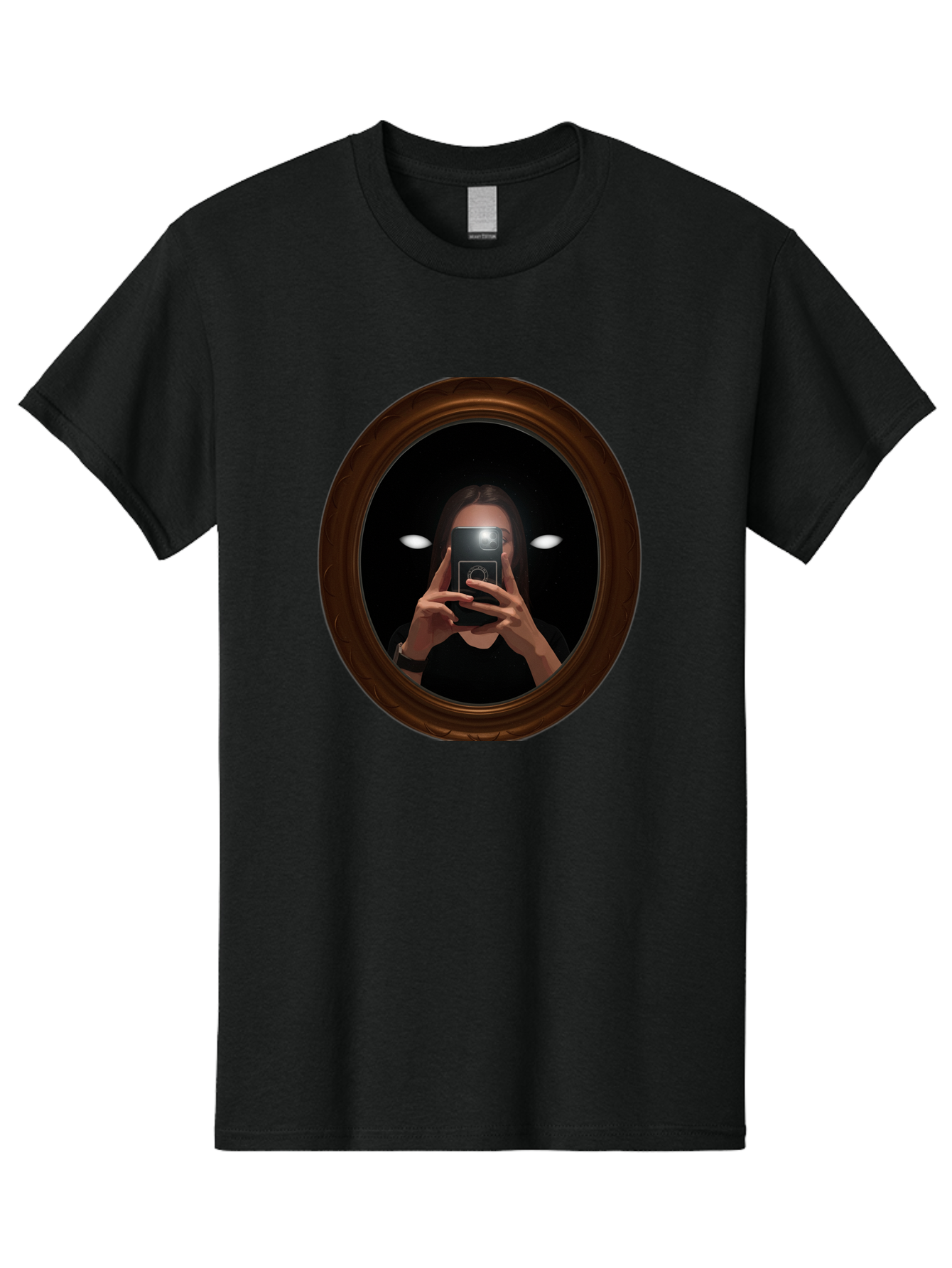 Woman-Taking-Selfie-In-Oval-Mirror Men'S Graphic Tee, 100% Cotton, Comfortable Casual Summer Wear, Machine Washable, Vintage Camera, Old Camera, Antique Camera, Black Camera, Classic Photography, Photography Equipment, Nostalgic Device, Bap015 3
