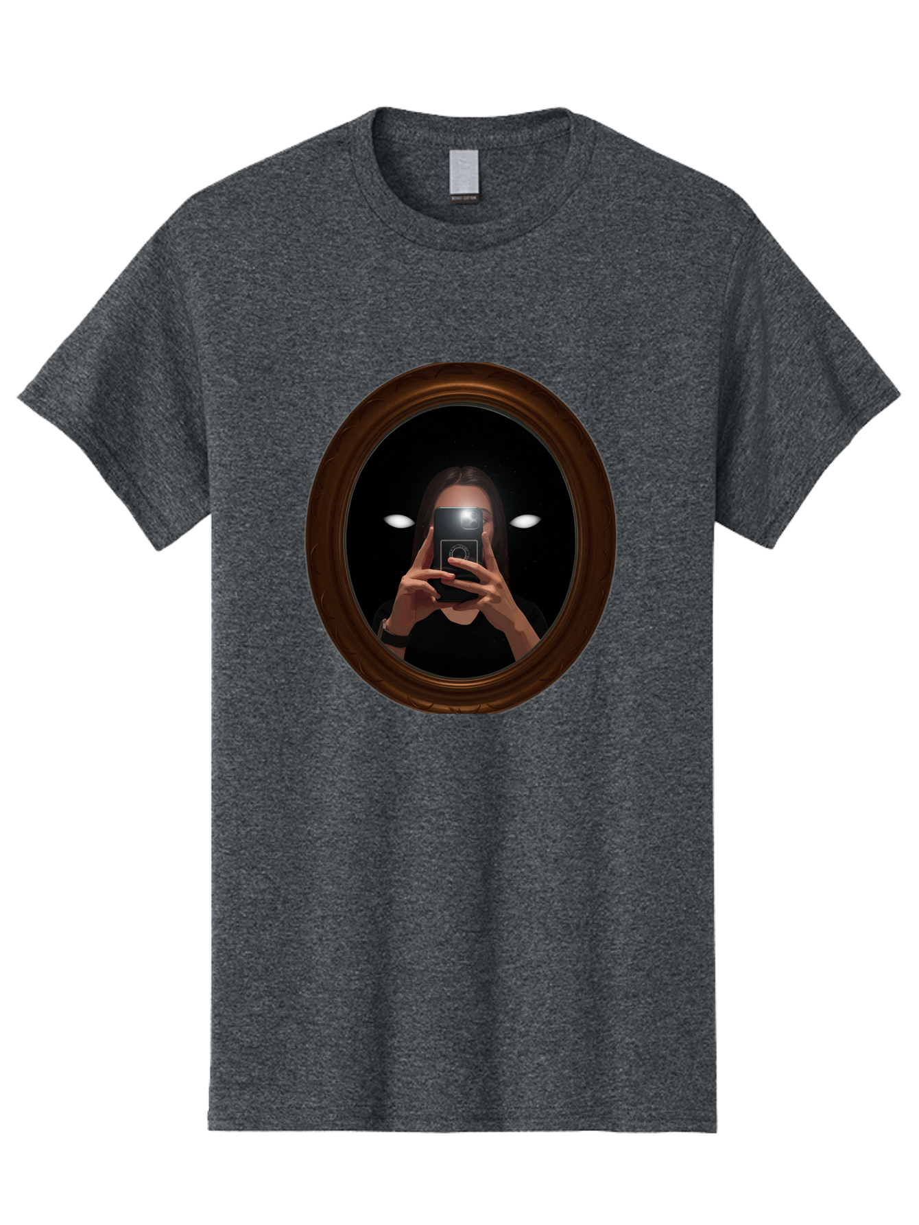 Woman-Taking-Selfie-In-Oval-Mirror Men'S Graphic Tee, 100% Cotton, Comfortable Casual Summer Wear, Machine Washable, Vintage Camera, Old Camera, Antique Camera, Black Camera, Classic Photography, Photography Equipment, Nostalgic Device, Bap015 11