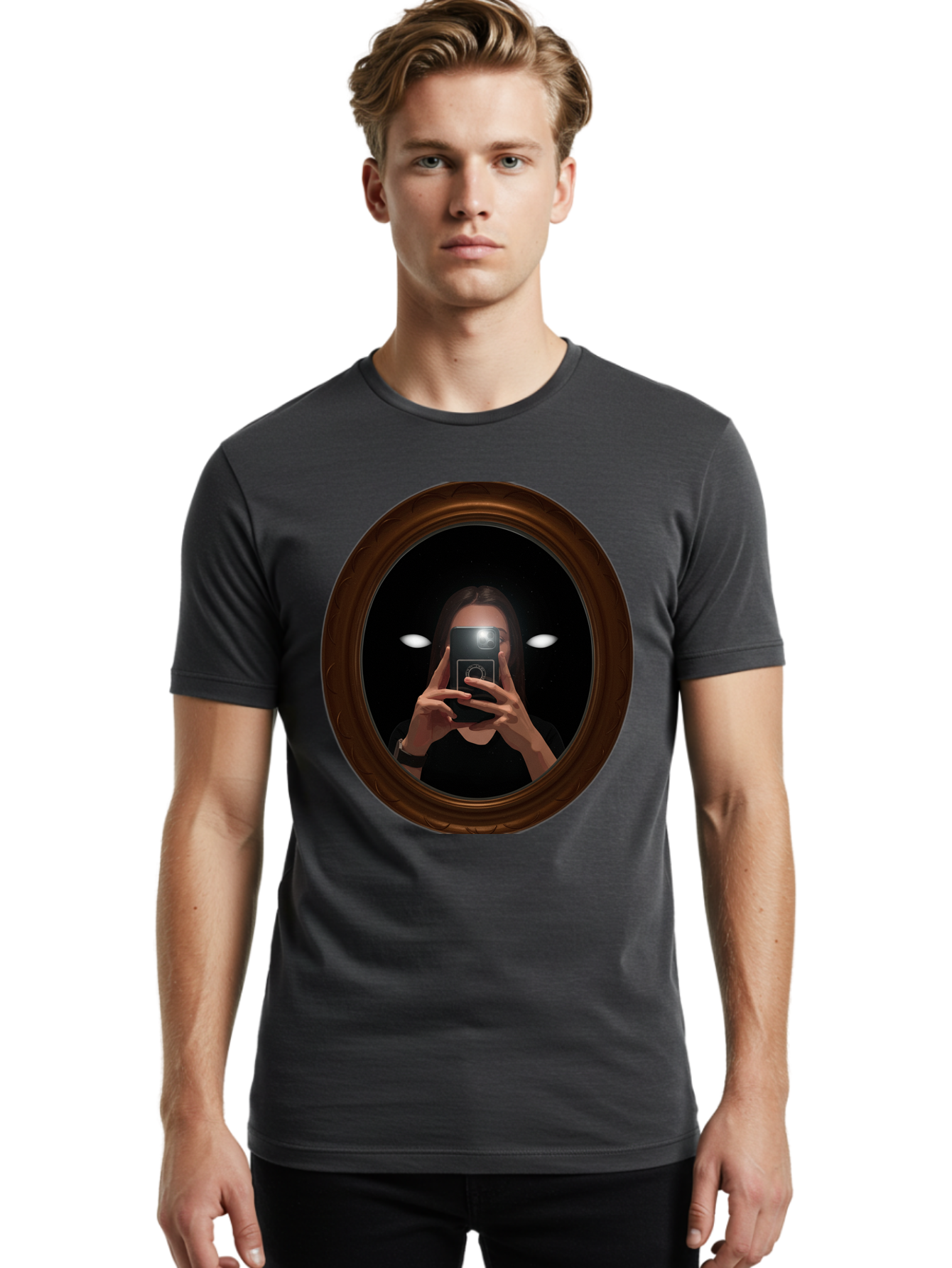 Woman-Taking-Selfie-In-Oval-Mirror Men'S Graphic Tee, 100% Cotton, Comfortable Casual Summer Wear, Machine Washable, Vintage Camera, Old Camera, Antique Camera, Black Camera, Classic Photography, Photography Equipment, Nostalgic Device, Bap015 26
