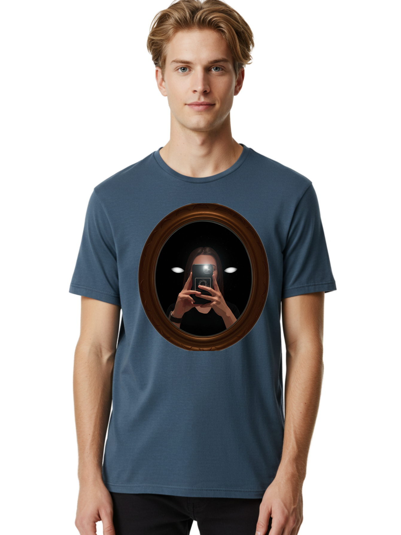 Woman-Taking-Selfie-In-Oval-Mirror Men'S Graphic Tee, 100% Cotton, Comfortable Casual Summer Wear, Machine Washable, Vintage Camera, Old Camera, Antique Camera, Black Camera, Classic Photography, Photography Equipment, Nostalgic Device, Bap015 17