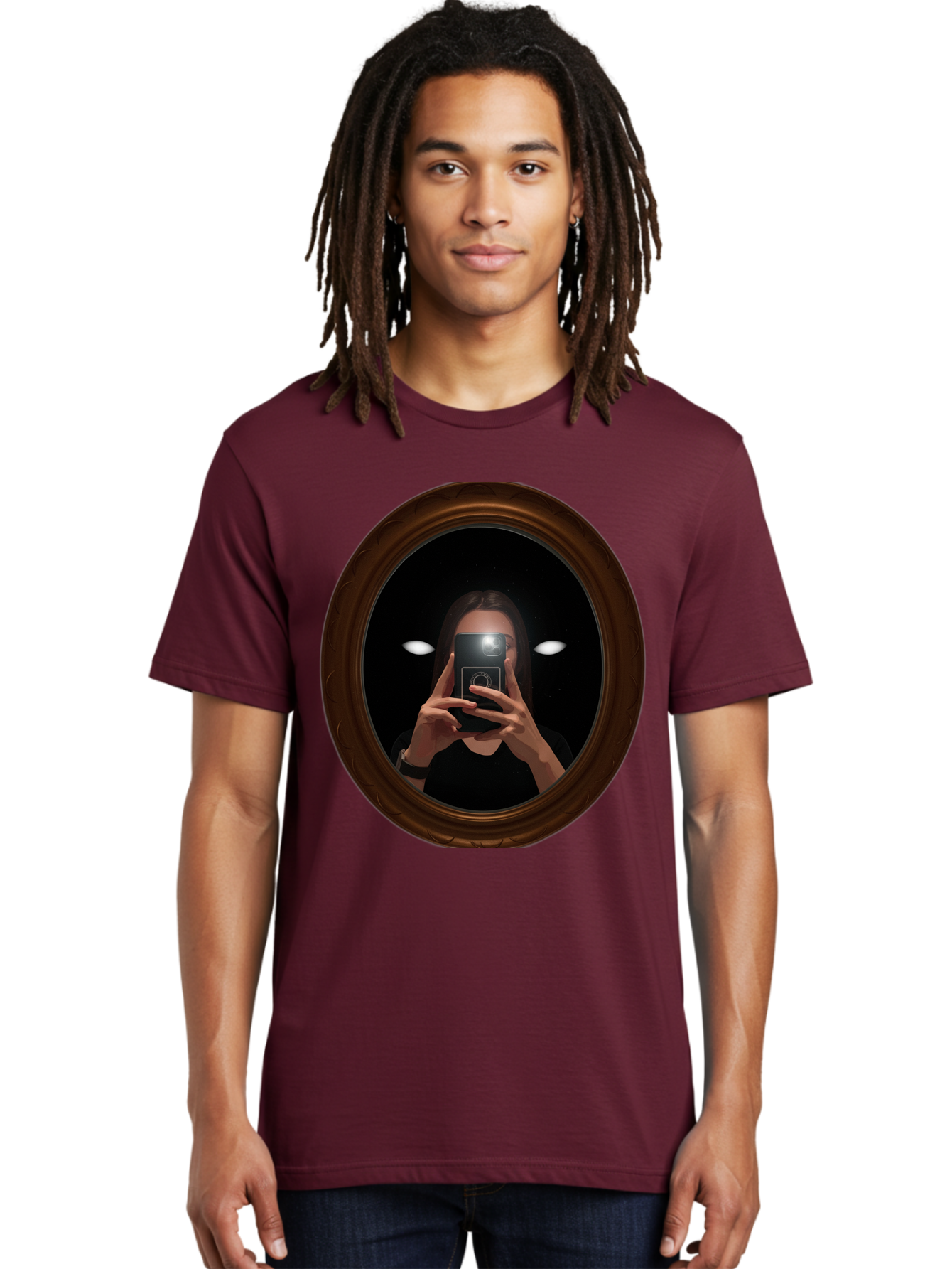 Woman-Taking-Selfie-In-Oval-Mirror Men'S Graphic Tee, 100% Cotton, Comfortable Casual Summer Wear, Machine Washable, Vintage Camera, Old Camera, Antique Camera, Black Camera, Classic Photography, Photography Equipment, Nostalgic Device, Bap015 19