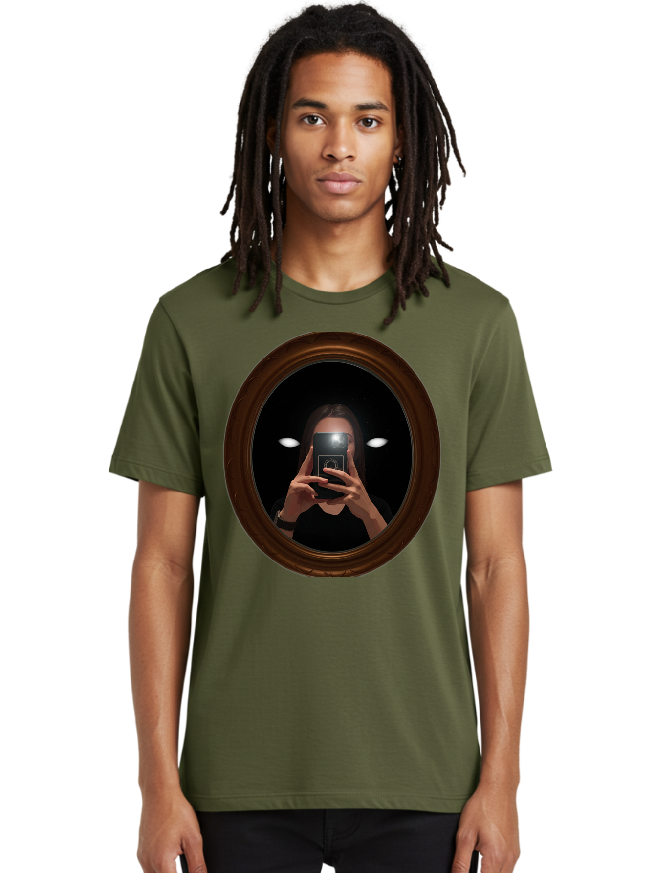Woman-Taking-Selfie-In-Oval-Mirror Men'S Graphic Tee, 100% Cotton, Comfortable Casual Summer Wear, Machine Washable, Vintage Camera, Old Camera, Antique Camera, Black Camera, Classic Photography, Photography Equipment, Nostalgic Device, Bap015 29
