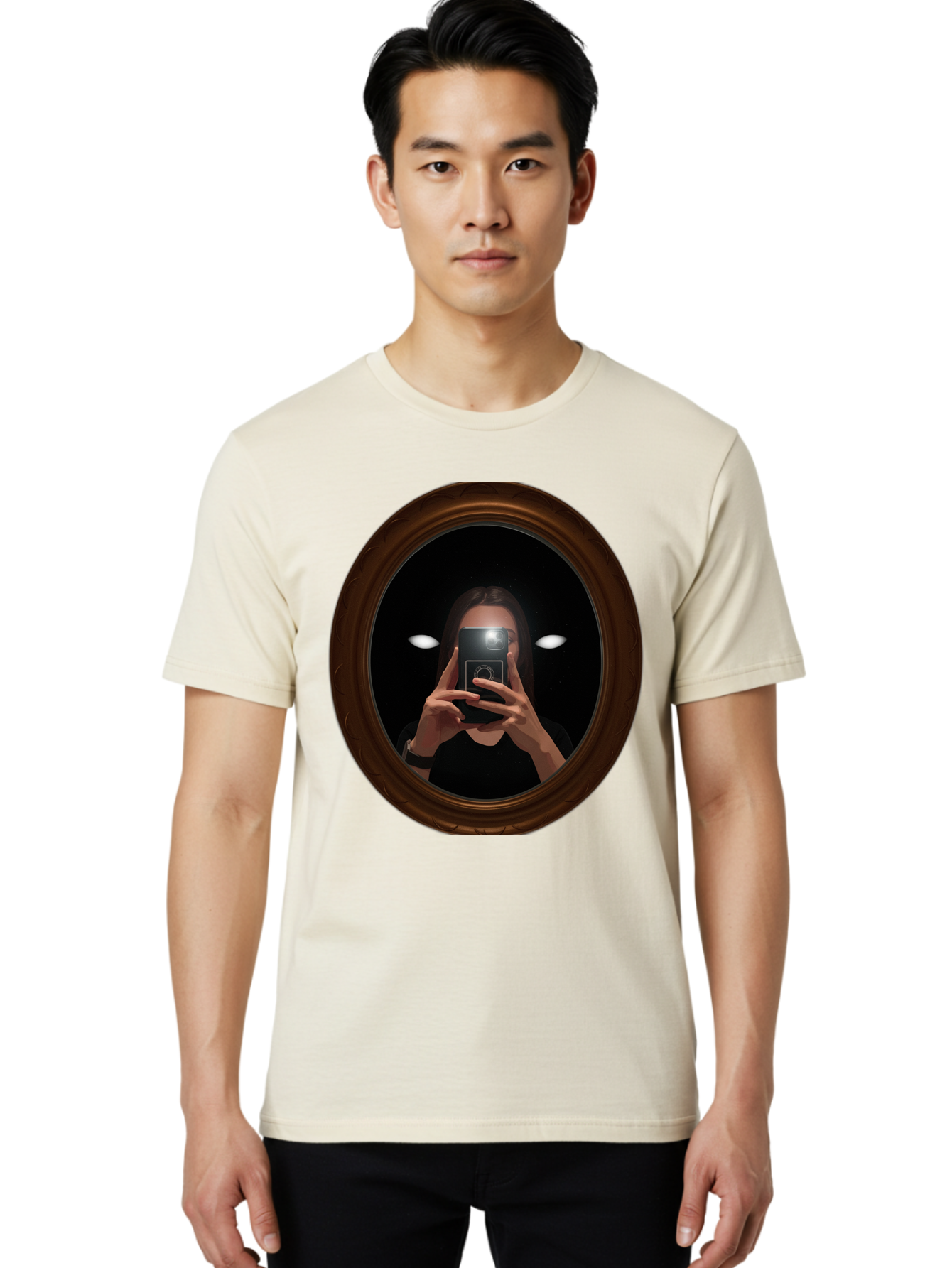 Woman-Taking-Selfie-In-Oval-Mirror Men'S Graphic Tee, 100% Cotton, Comfortable Casual Summer Wear, Machine Washable, Vintage Camera, Old Camera, Antique Camera, Black Camera, Classic Photography, Photography Equipment, Nostalgic Device, Bap015 27
