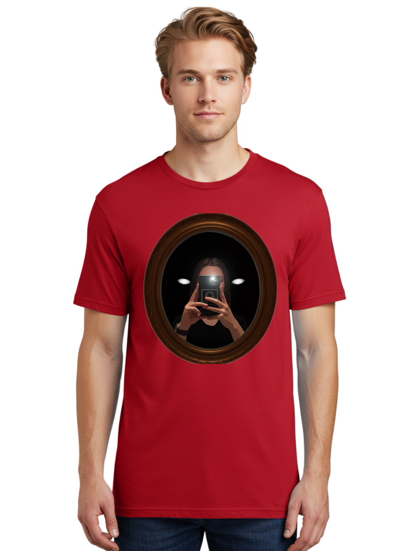 Woman-Taking-Selfie-In-Oval-Mirror Men'S Graphic Tee, 100% Cotton, Comfortable Casual Summer Wear, Machine Washable, Vintage Camera, Old Camera, Antique Camera, Black Camera, Classic Photography, Photography Equipment, Nostalgic Device, Bap015 20