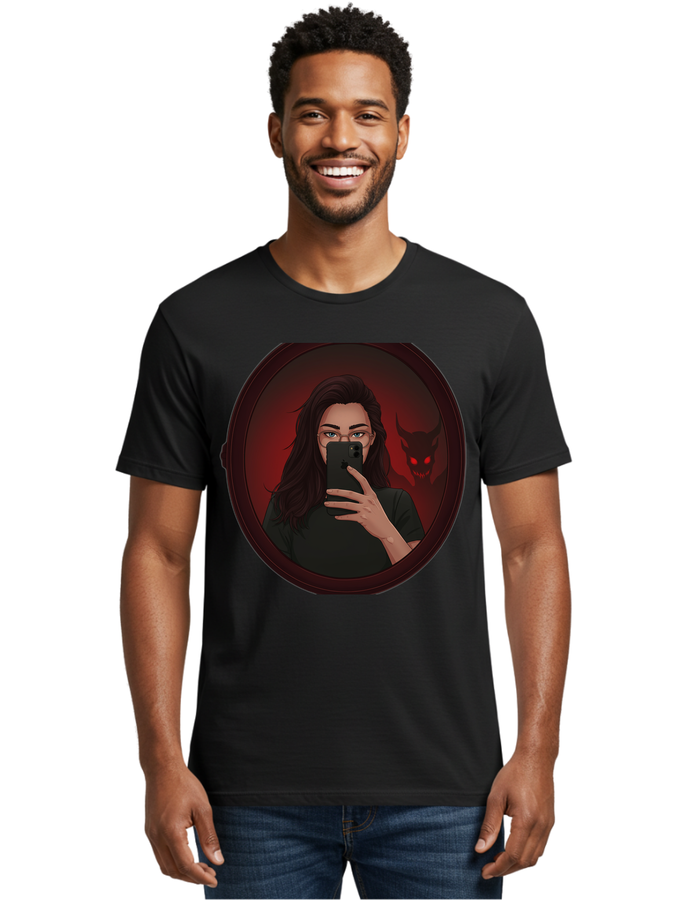 Woman-Taking-Selfie-With-Devil Men'S Graphic Tee, 100% Cotton, Comfortable Casual Summer Wear, Machine Washable, Vintage Camera, Old Camera, Antique Camera, Black Camera, Classic Photography, Photography Equipment, Nostalgic Device, Bap016 29