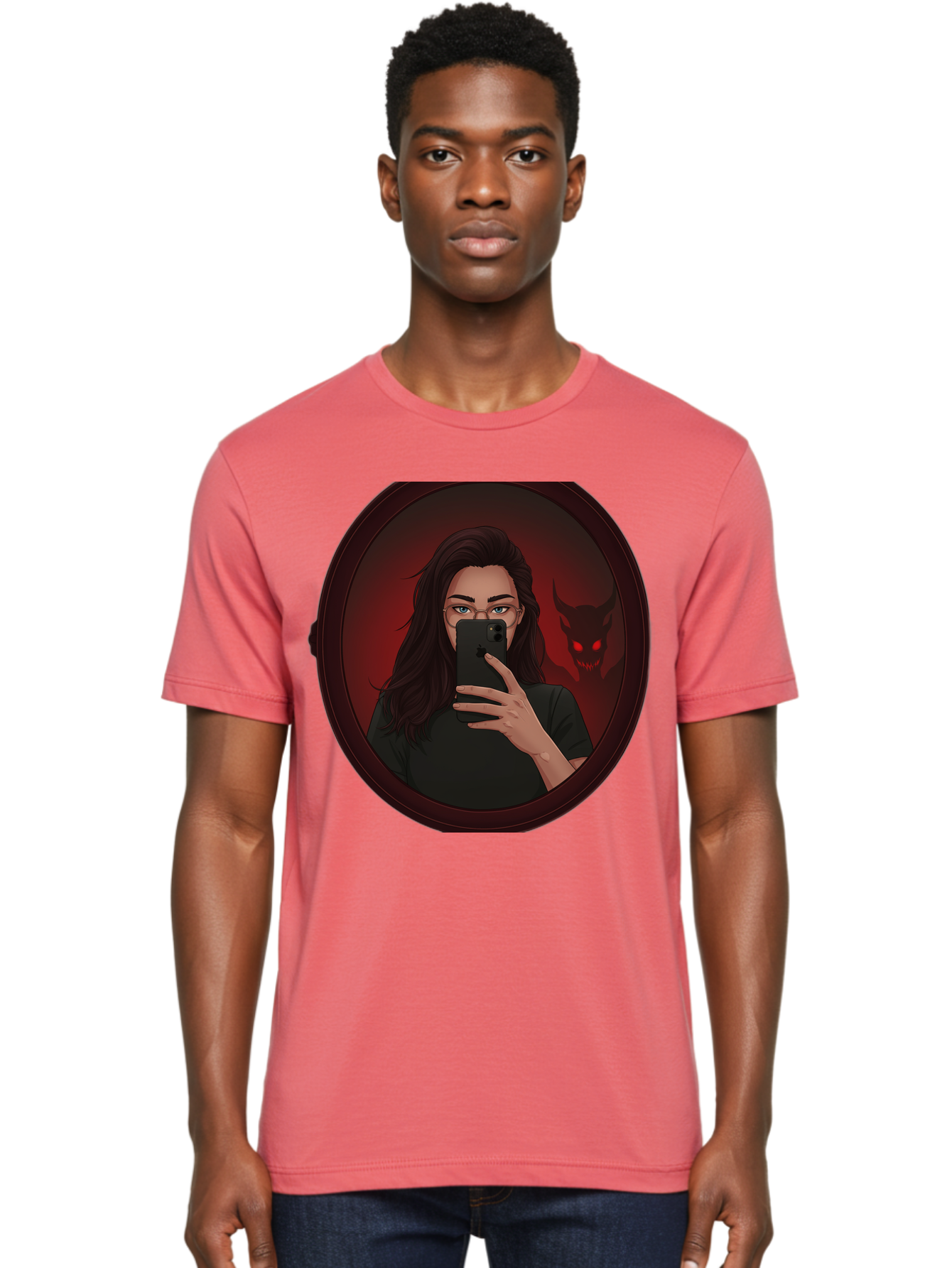 Woman-Taking-Selfie-With-Devil Men'S Graphic Tee, 100% Cotton, Comfortable Casual Summer Wear, Machine Washable, Vintage Camera, Old Camera, Antique Camera, Black Camera, Classic Photography, Photography Equipment, Nostalgic Device, Bap016 18