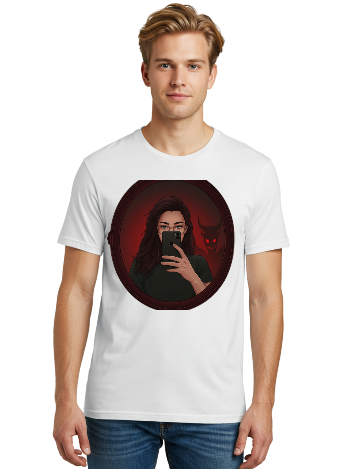 Woman-Taking-Selfie-With-Devil Men'S Graphic Tee, 100% Cotton, Comfortable Casual Summer Wear, Machine Washable, Vintage Camera, Old Camera, Antique Camera, Black Camera, Classic Photography, Photography Equipment, Nostalgic Device, Bap016 27