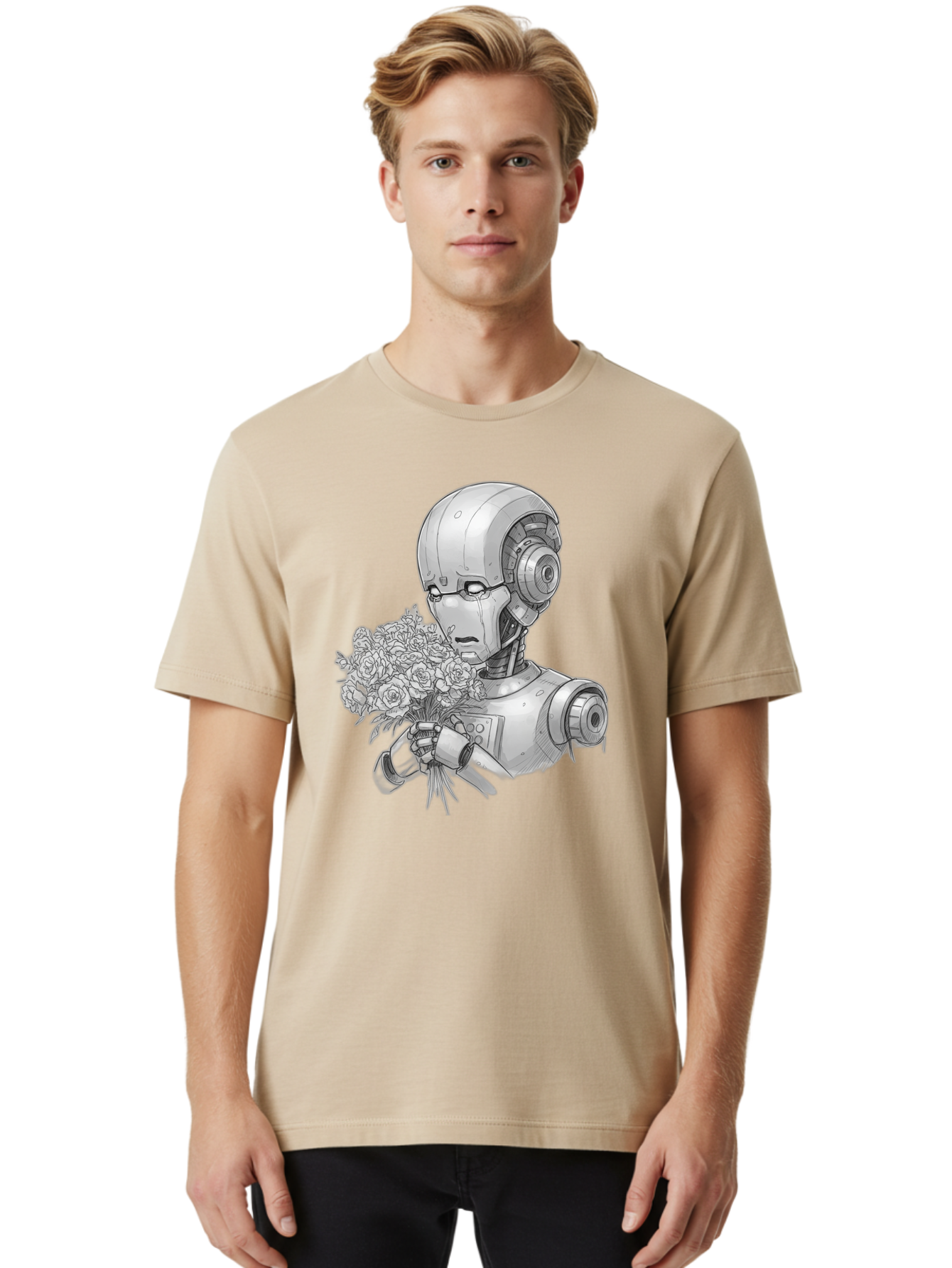 Robot-With-Flowers-2 Men'S Graphic Tee, 100% Cotton, Comfortable Casual Summer Wear, Machine Washable, Vintage Camera, Old Camera, Antique Camera, Black Camera, Classic Photography, Photography Equipment, Nostalgic Device, Film Camera, Bap955 24