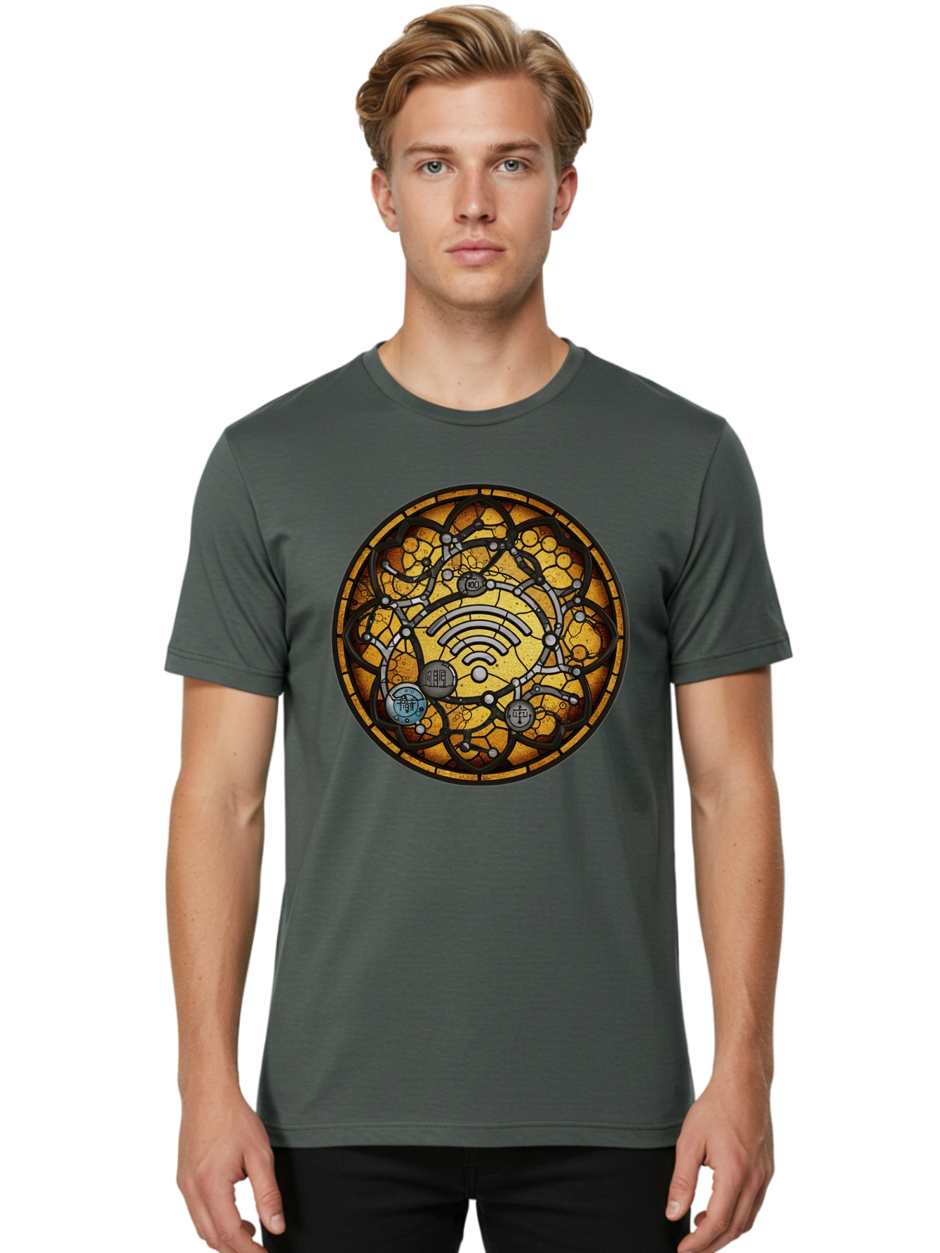 Wifi-Stained-Glass Men'S Graphic Tee, 100% Cotton, Comfortable Casual Summer Wear, Machine Washable, Vintage Camera, Old Camera, Antique Camera, Black Camera, Classic Photography, Photography Equipment, Nostalgic Device, Film Camera, Baq192 25