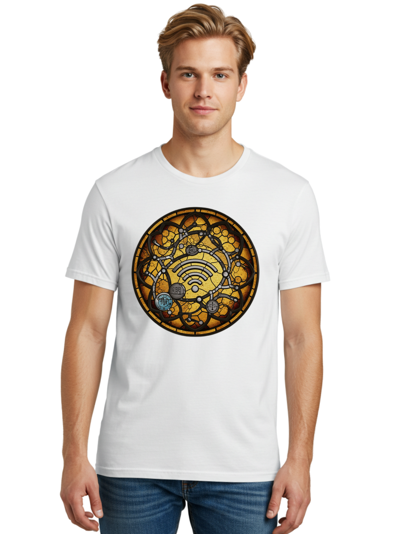 Wifi-Stained-Glass Men'S Graphic Tee, 100% Cotton, Comfortable Casual Summer Wear, Machine Washable, Vintage Camera, Old Camera, Antique Camera, Black Camera, Classic Photography, Photography Equipment, Nostalgic Device, Film Camera, Baq192 20