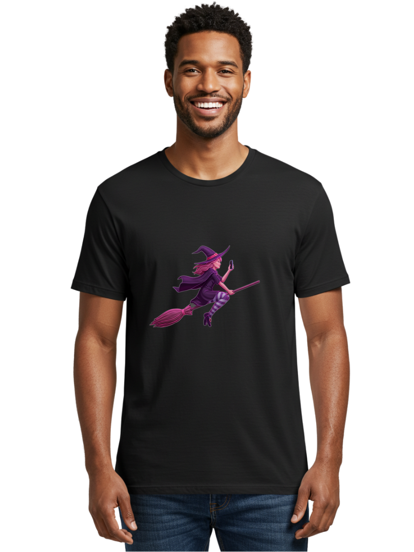 Witch-Flying-With-Phone Men'S Graphic Tee, 100% Cotton, Comfortable Casual Summer Wear, Machine Washable, Vintage Camera, Old Camera, Antique Camera, Black Camera, Classic Photography, Photography Equipment, Nostalgic Device, Film Camera, Baq207 20