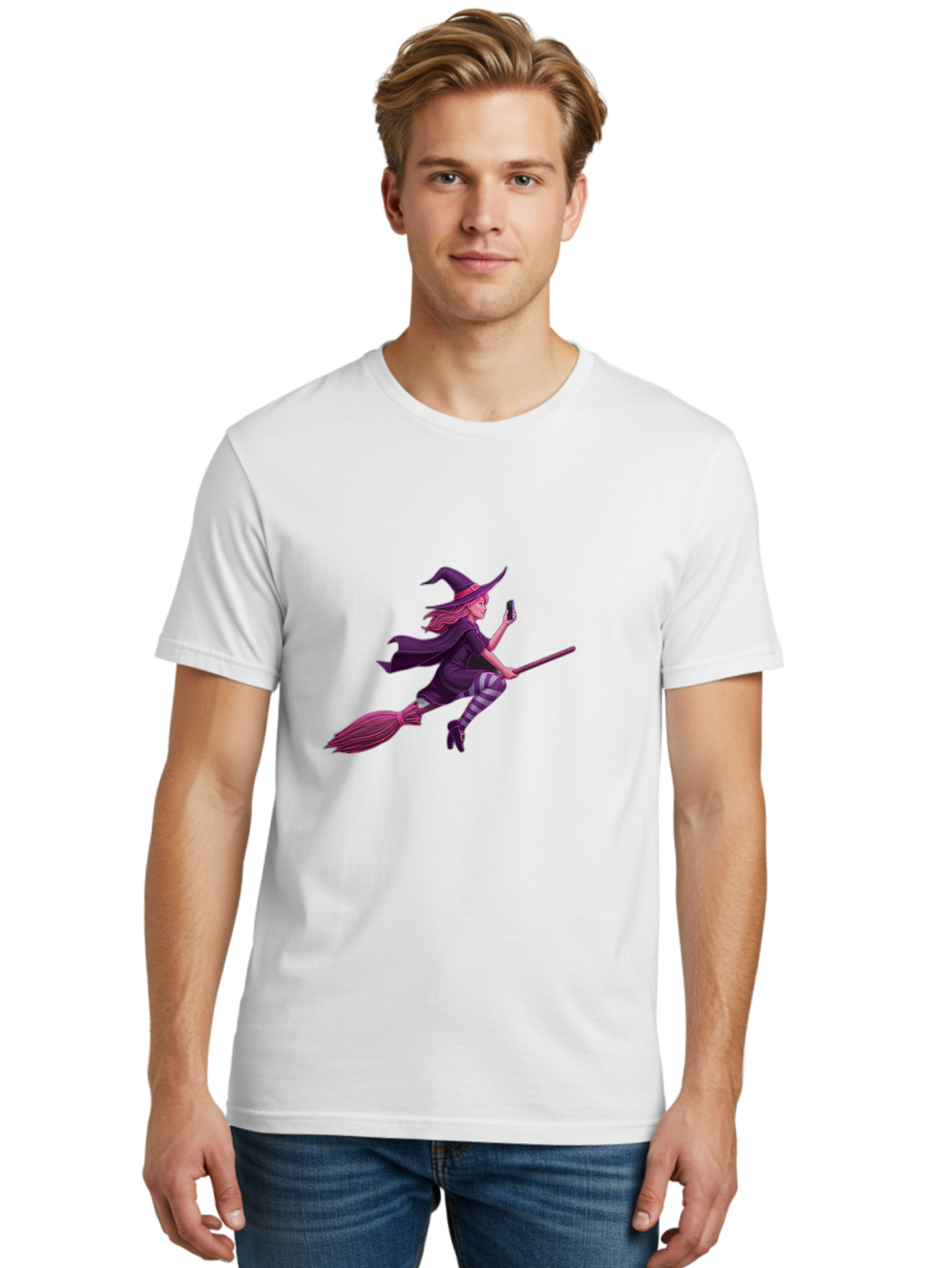 Witch-Flying-With-Phone Men'S Graphic Tee, 100% Cotton, Comfortable Casual Summer Wear, Machine Washable, Vintage Camera, Old Camera, Antique Camera, Black Camera, Classic Photography, Photography Equipment, Nostalgic Device, Film Camera, Baq207 22