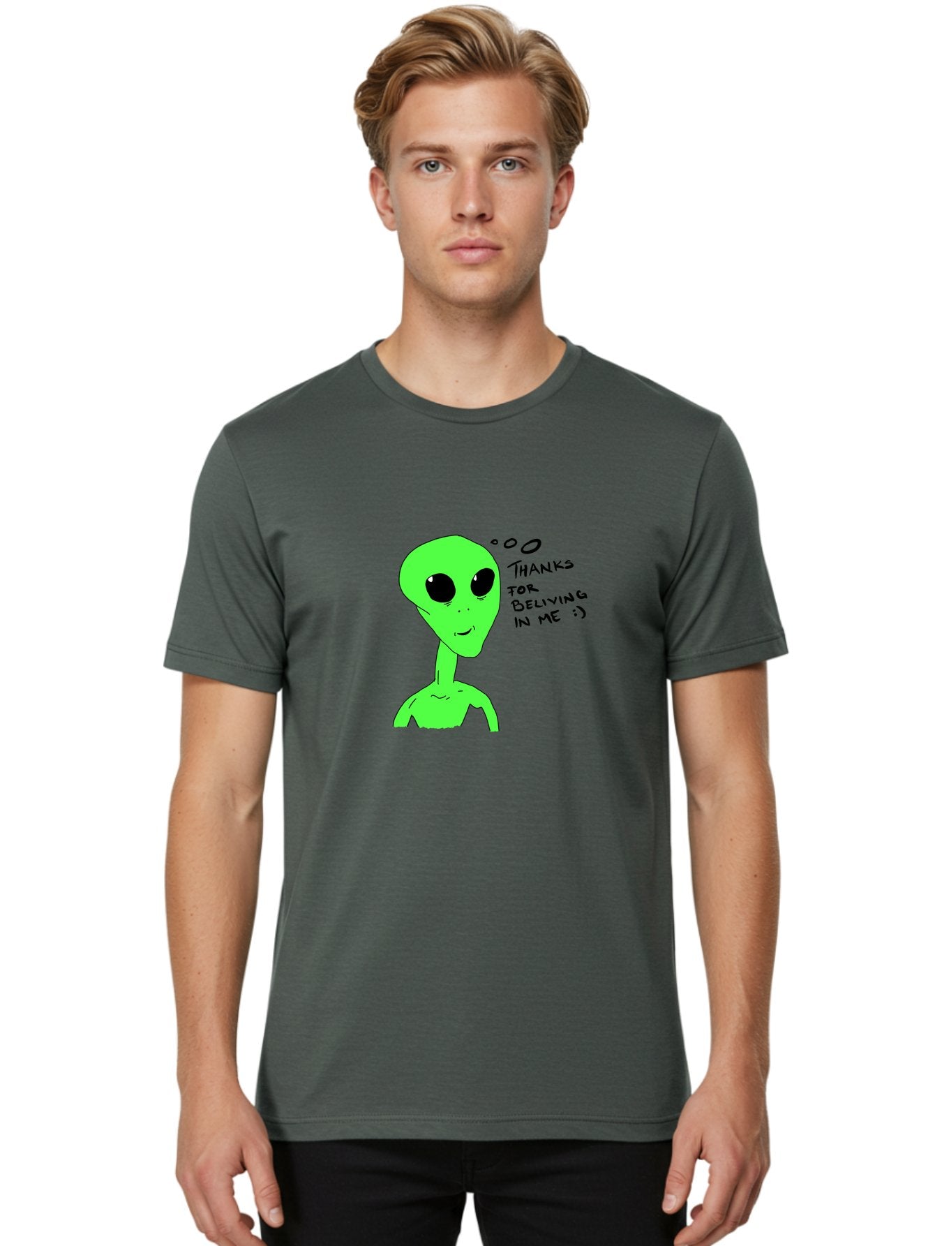 Alien-Thanks-For-Beliving-In-Me Men'S Graphic Tee, 100% Cotton, Comfortable Casual Summer Wear, Machine Washable, Alien Cartoon Character, Extraterrestrial Life, Thought Bubble, Thanks For Believing In Me, Quirky Humor, Playful Design, -  Aaa003 12