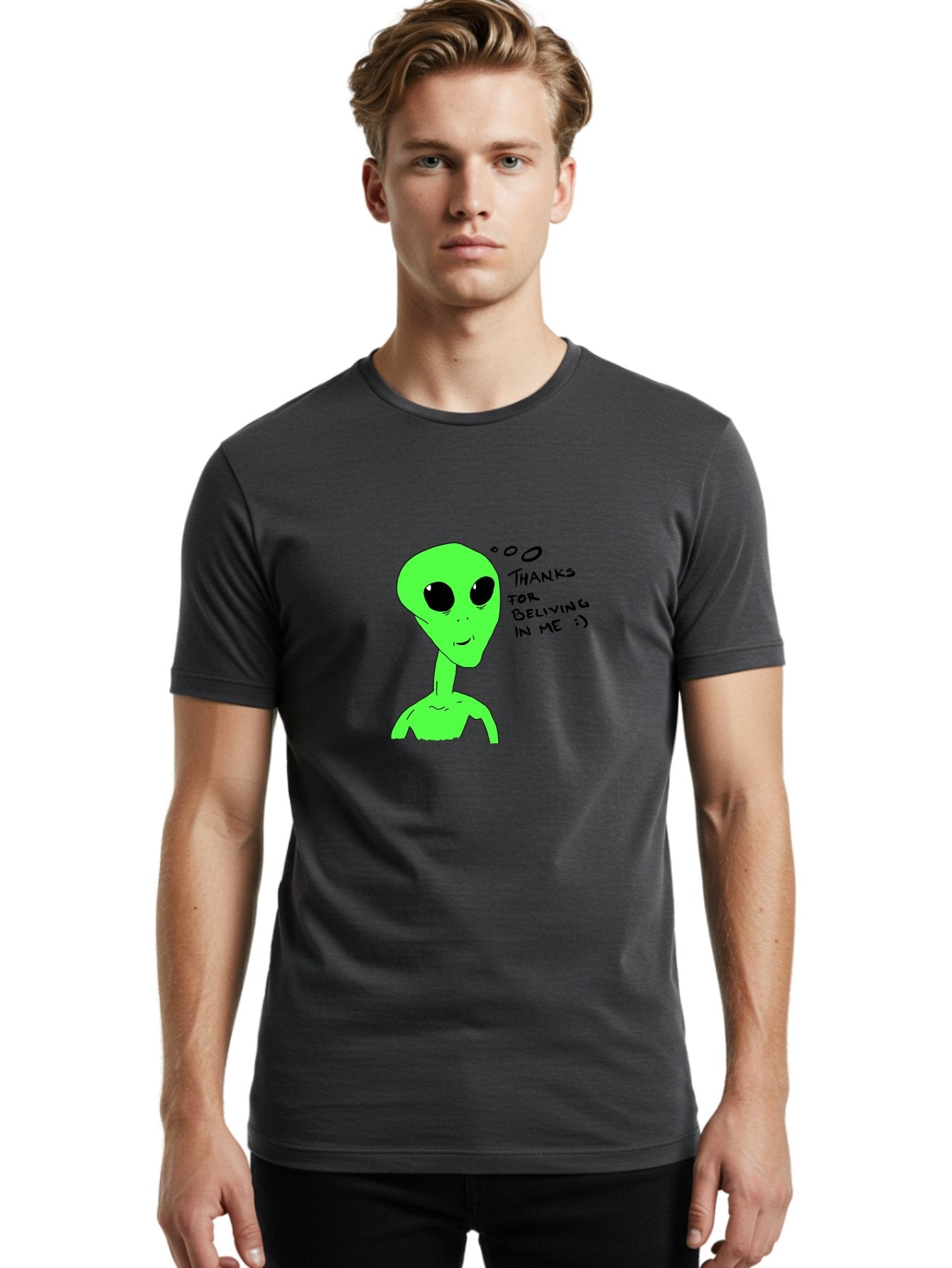 Alien-Thanks-For-Beliving-In-Me Men'S Graphic Tee, 100% Cotton, Comfortable Casual Summer Wear, Machine Washable, Alien Cartoon Character, Extraterrestrial Life, Thought Bubble, Thanks For Believing In Me, Quirky Humor, Playful Design, -  Aaa003 28