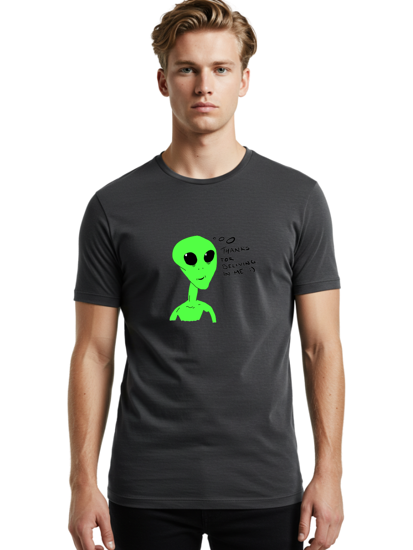 Alien-Thanks-For-Beliving-In-Me Men'S Graphic Tee, 100% Cotton, Comfortable Casual Summer Wear, Machine Washable, Alien Cartoon Character, Extraterrestrial Life, Thought Bubble, Thanks For Believing In Me, Quirky Humor, Playful Design, -  Aaa003 12