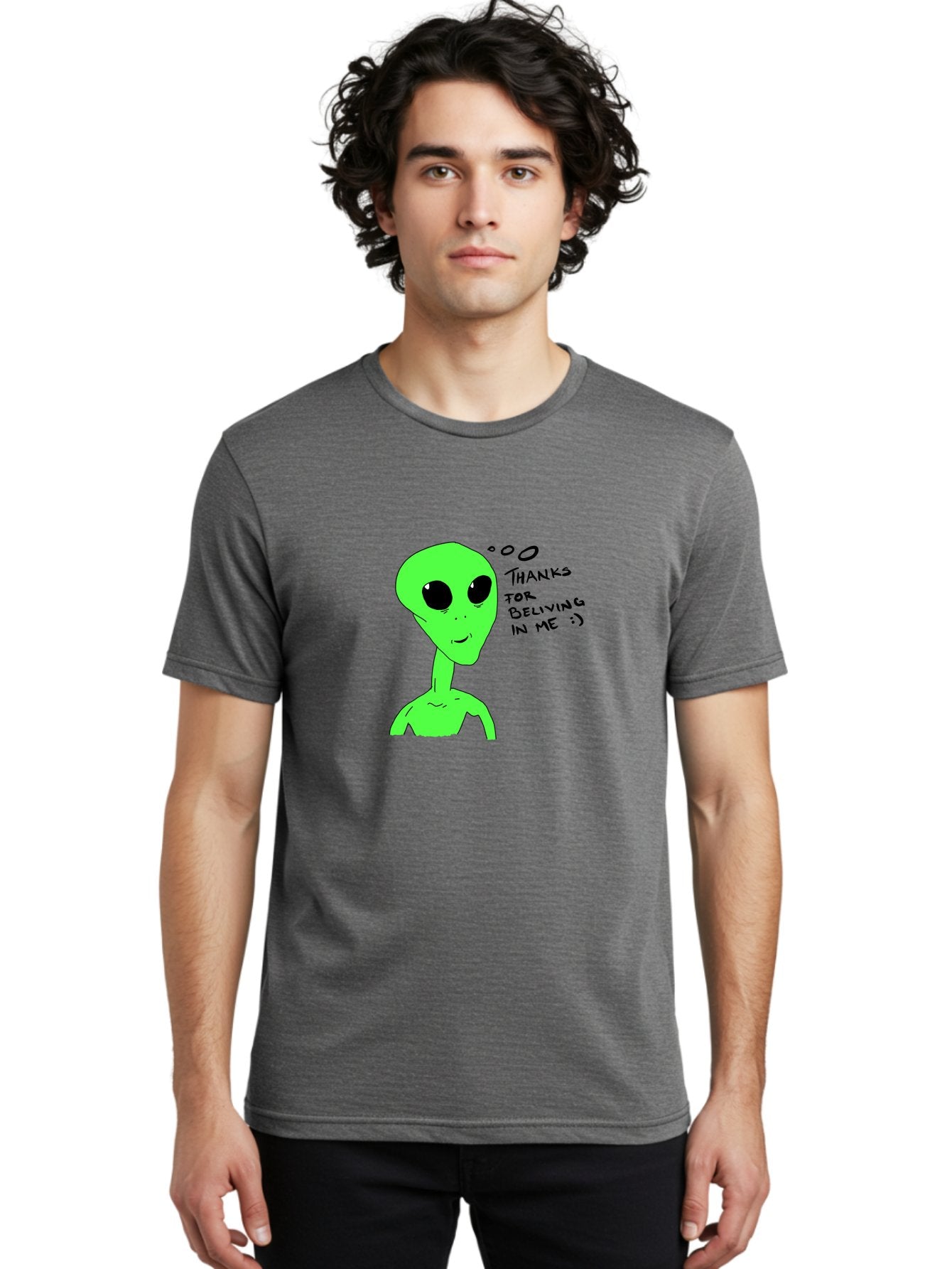 Alien-Thanks-For-Beliving-In-Me Men'S Graphic Tee, 100% Cotton, Comfortable Casual Summer Wear, Machine Washable, Alien Cartoon Character, Extraterrestrial Life, Thought Bubble, Thanks For Believing In Me, Quirky Humor, Playful Design, -  Aaa003 24