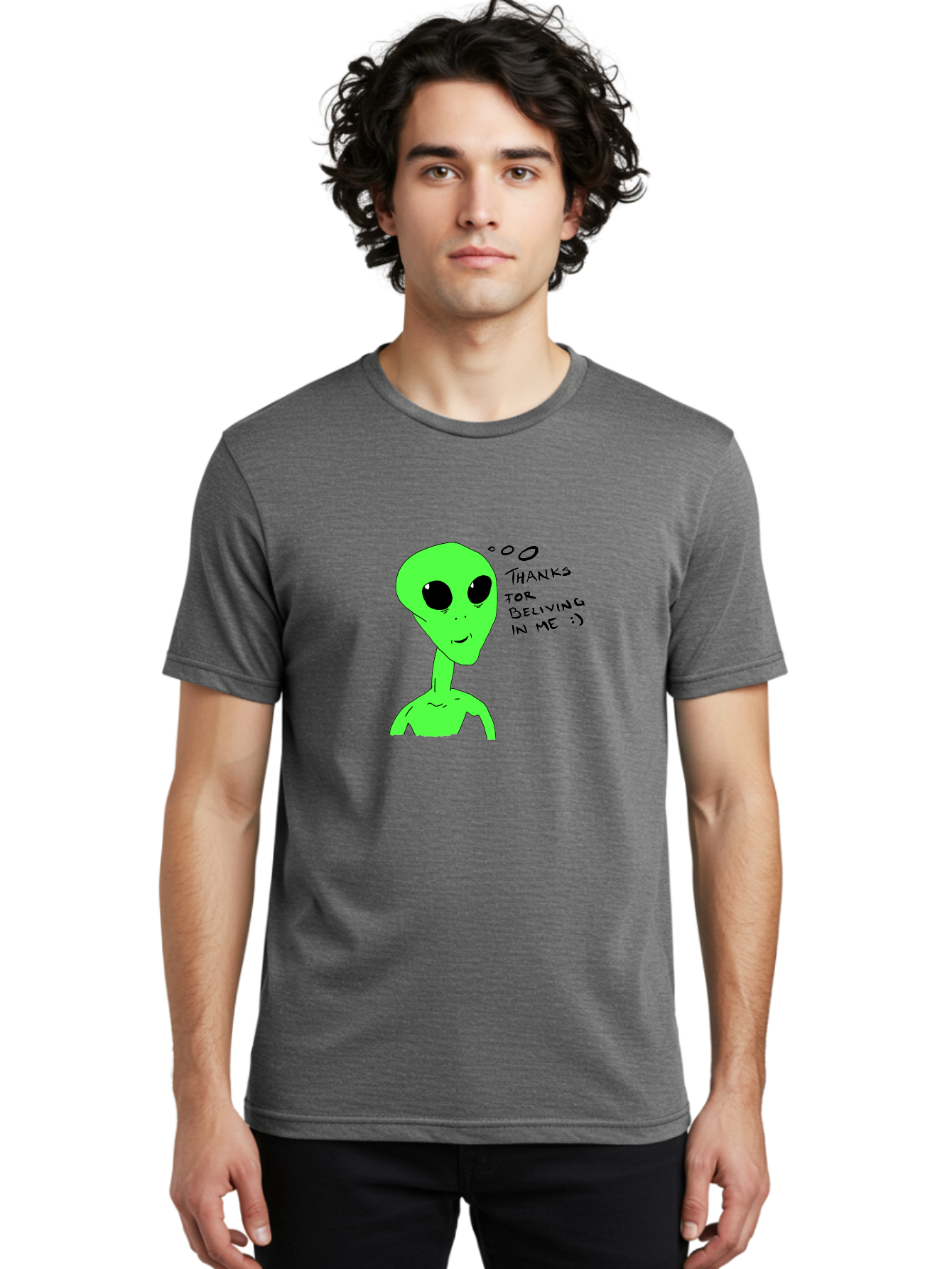Alien-Thanks-For-Beliving-In-Me Men'S Graphic Tee, 100% Cotton, Comfortable Casual Summer Wear, Machine Washable, Alien Cartoon Character, Extraterrestrial Life, Thought Bubble, Thanks For Believing In Me, Quirky Humor, Playful Design, -  Aaa003 10