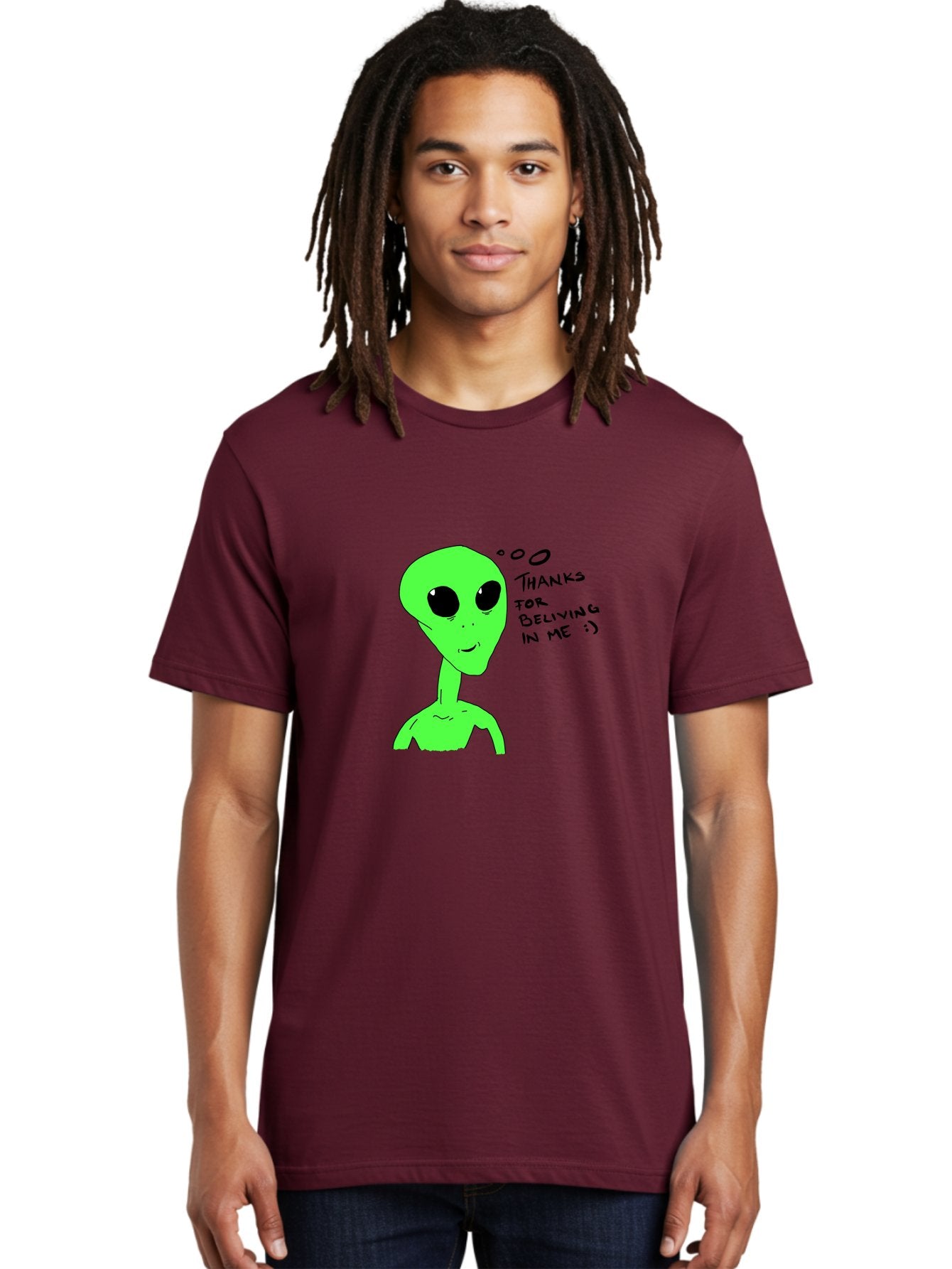 Alien-Thanks-For-Beliving-In-Me Men'S Graphic Tee, 100% Cotton, Comfortable Casual Summer Wear, Machine Washable, Alien Cartoon Character, Extraterrestrial Life, Thought Bubble, Thanks For Believing In Me, Quirky Humor, Playful Design, -  Aaa003 6