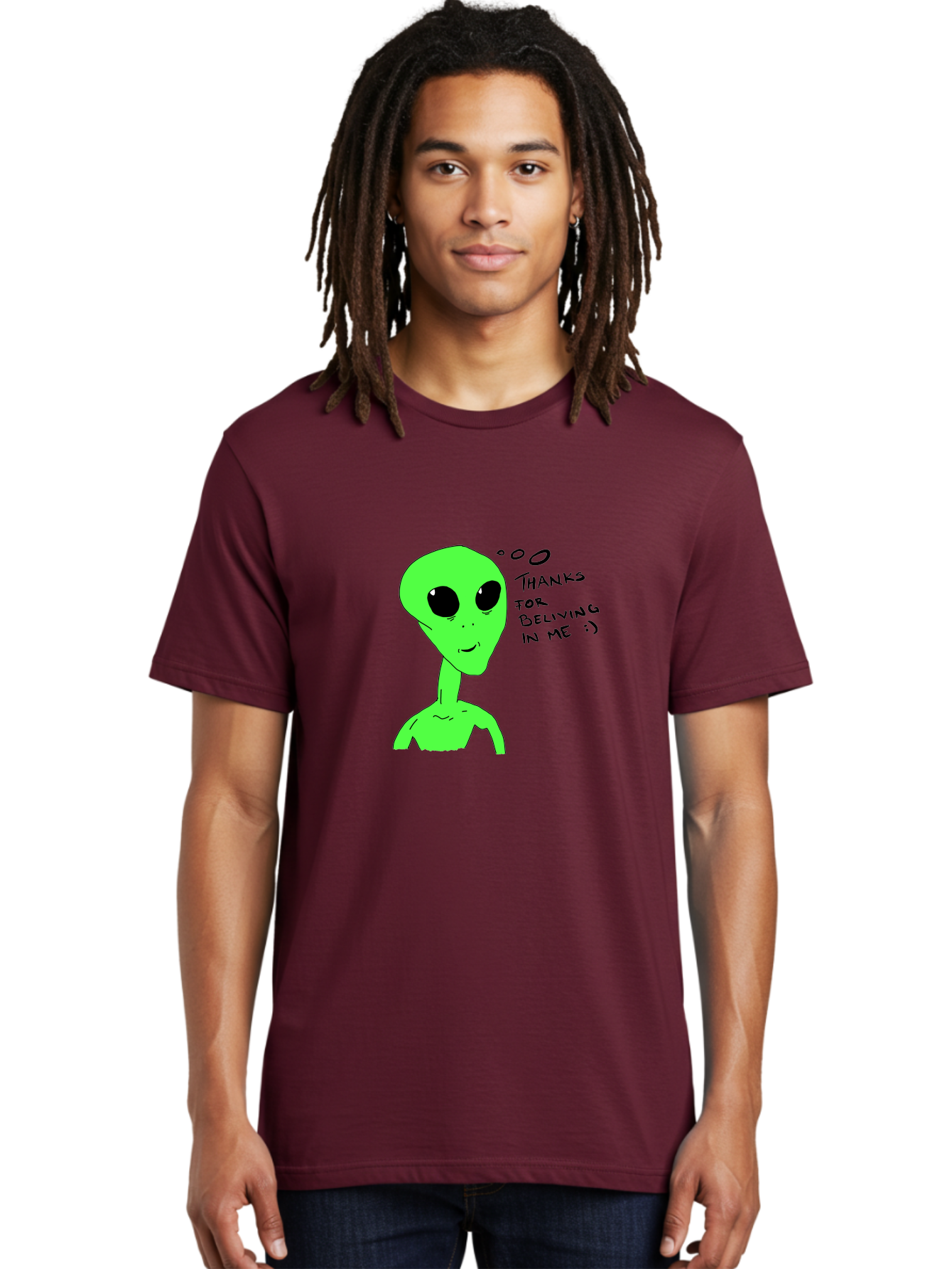 Alien-Thanks-For-Beliving-In-Me Men'S Graphic Tee, 100% Cotton, Comfortable Casual Summer Wear, Machine Washable, Alien Cartoon Character, Extraterrestrial Life, Thought Bubble, Thanks For Believing In Me, Quirky Humor, Playful Design, -  Aaa003
