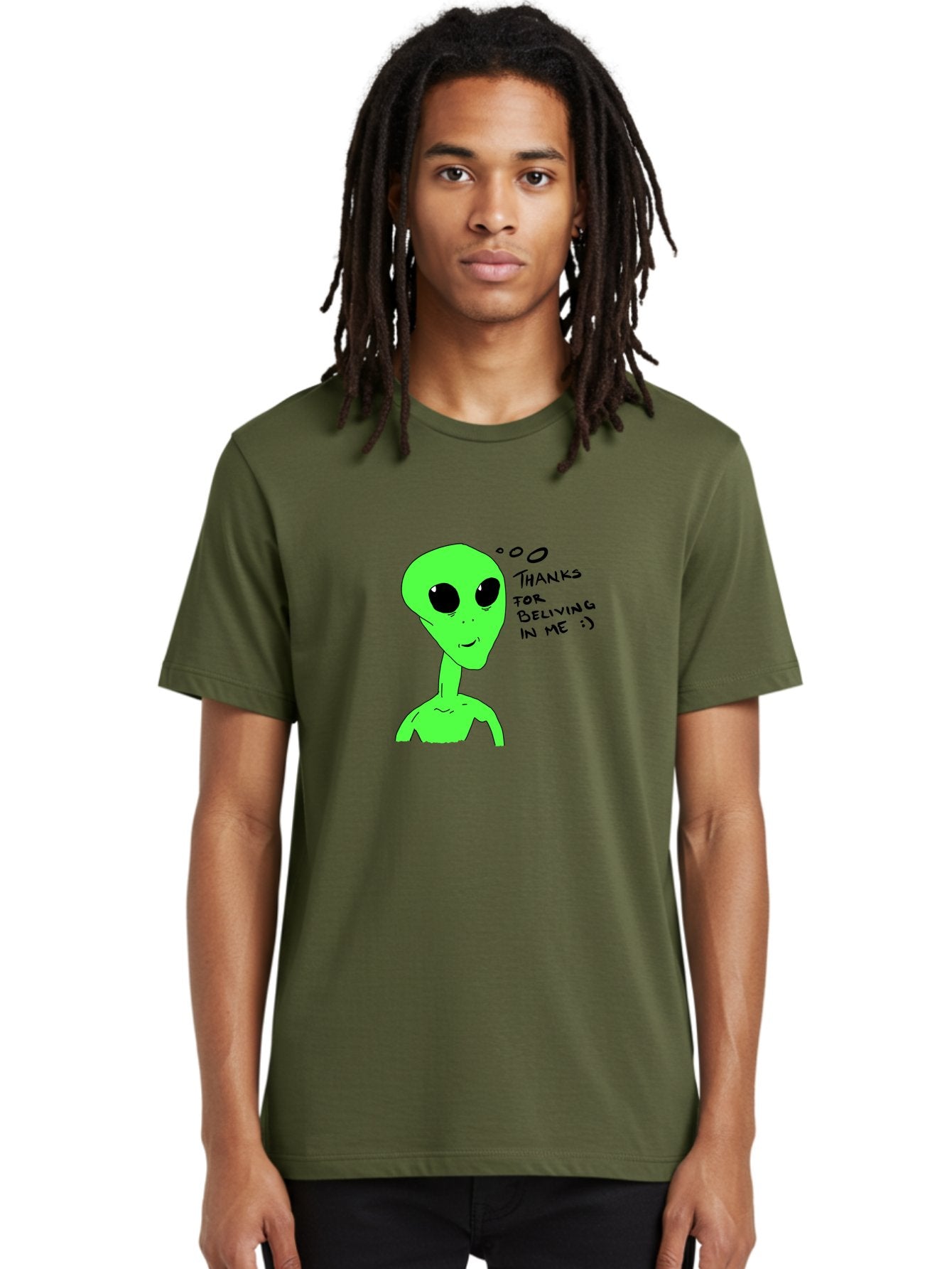 Alien-Thanks-For-Beliving-In-Me Men'S Graphic Tee, 100% Cotton, Comfortable Casual Summer Wear, Machine Washable, Alien Cartoon Character, Extraterrestrial Life, Thought Bubble, Thanks For Believing In Me, Quirky Humor, Playful Design, -  Aaa003 30