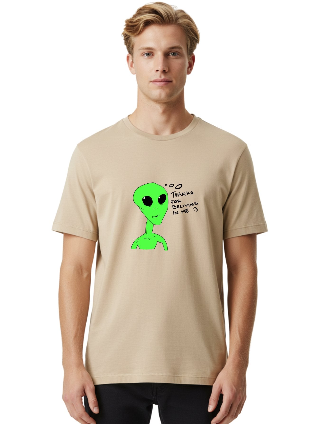 Alien-Thanks-For-Beliving-In-Me Men'S Graphic Tee, 100% Cotton, Comfortable Casual Summer Wear, Machine Washable, Alien Cartoon Character, Extraterrestrial Life, Thought Bubble, Thanks For Believing In Me, Quirky Humor, Playful Design, -  Aaa003 20