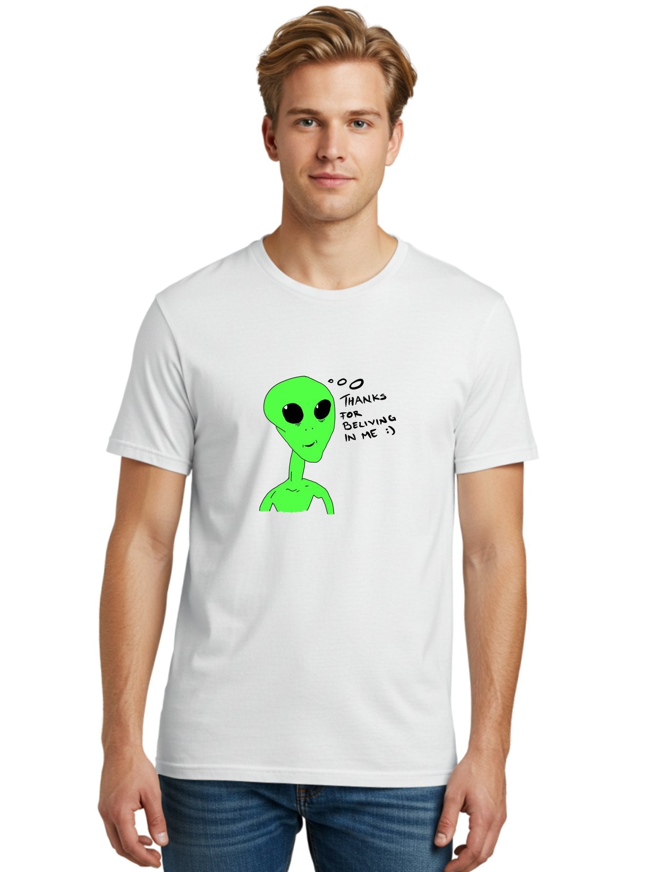 Alien-Thanks-For-Beliving-In-Me Men'S Graphic Tee, 100% Cotton, Comfortable Casual Summer Wear, Machine Washable, Alien Cartoon Character, Extraterrestrial Life, Thought Bubble, Thanks For Believing In Me, Quirky Humor, Playful Design, -  Aaa003 10