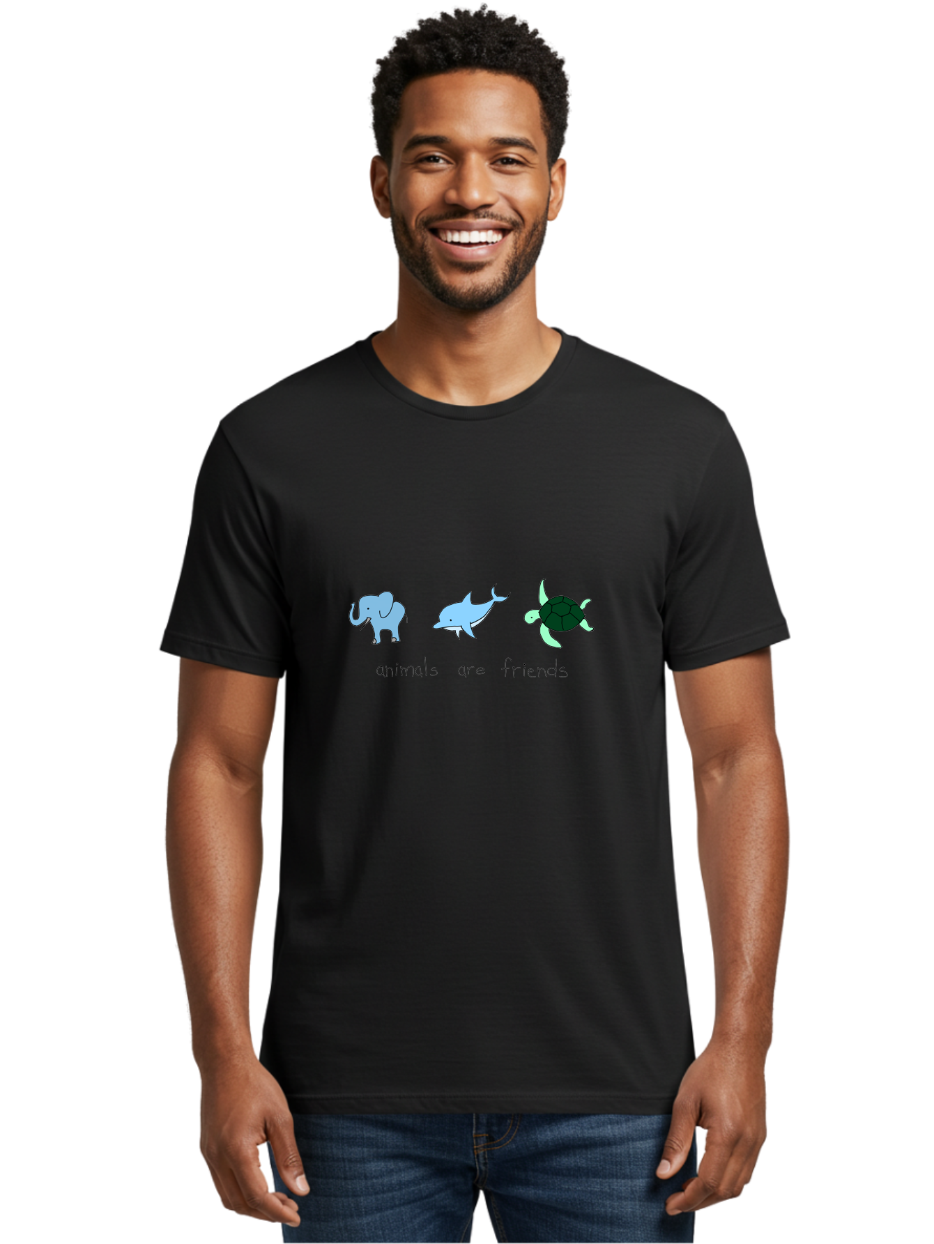 Animals-Are-Friends Men'S Graphic Tee, 100% Cotton, Comfortable Casual Summer Wear, Machine Washable, Cartoon Elephant, Dolphin, Turtle, Friendship, Animal Buddies, Wildlife Companions, Cute Illustrations, Animal Friends, -  Aaa006